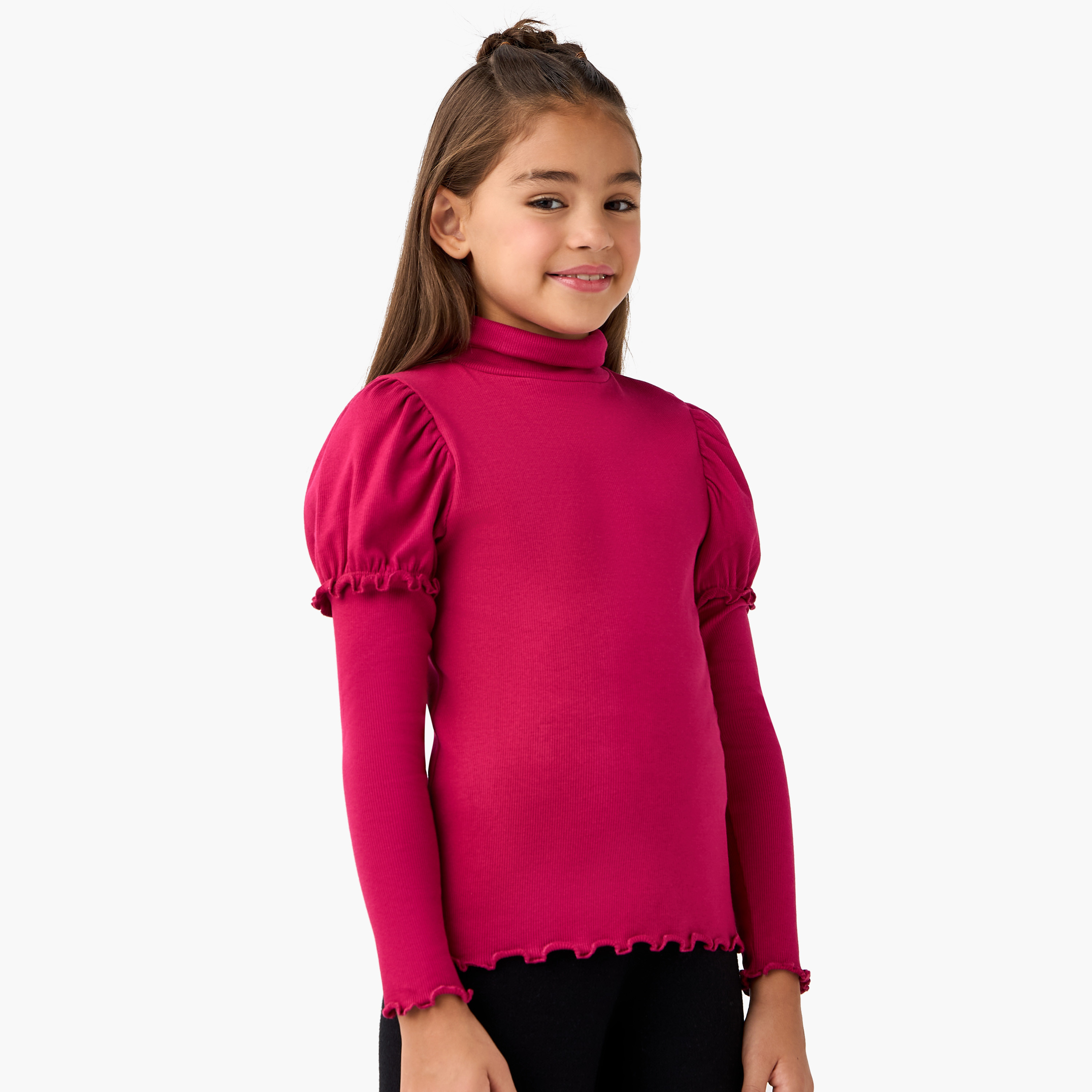 تيشيرت مضلع بياقة عالية وأكمام طويلة من جونيورز-girls-clothing-tshirts-image-1