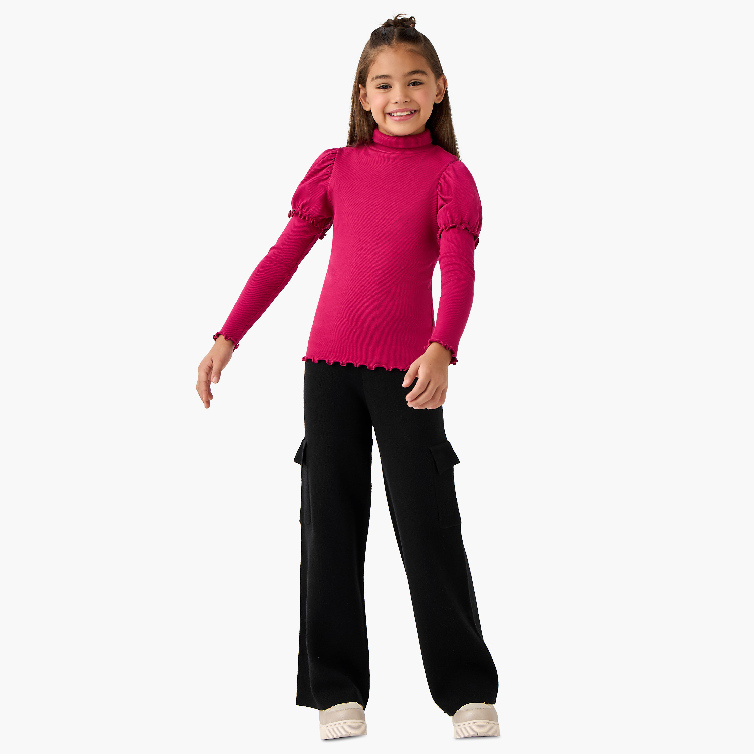 تيشيرت مضلع بياقة عالية وأكمام طويلة من جونيورز-girls-clothing-tshirts-image-2