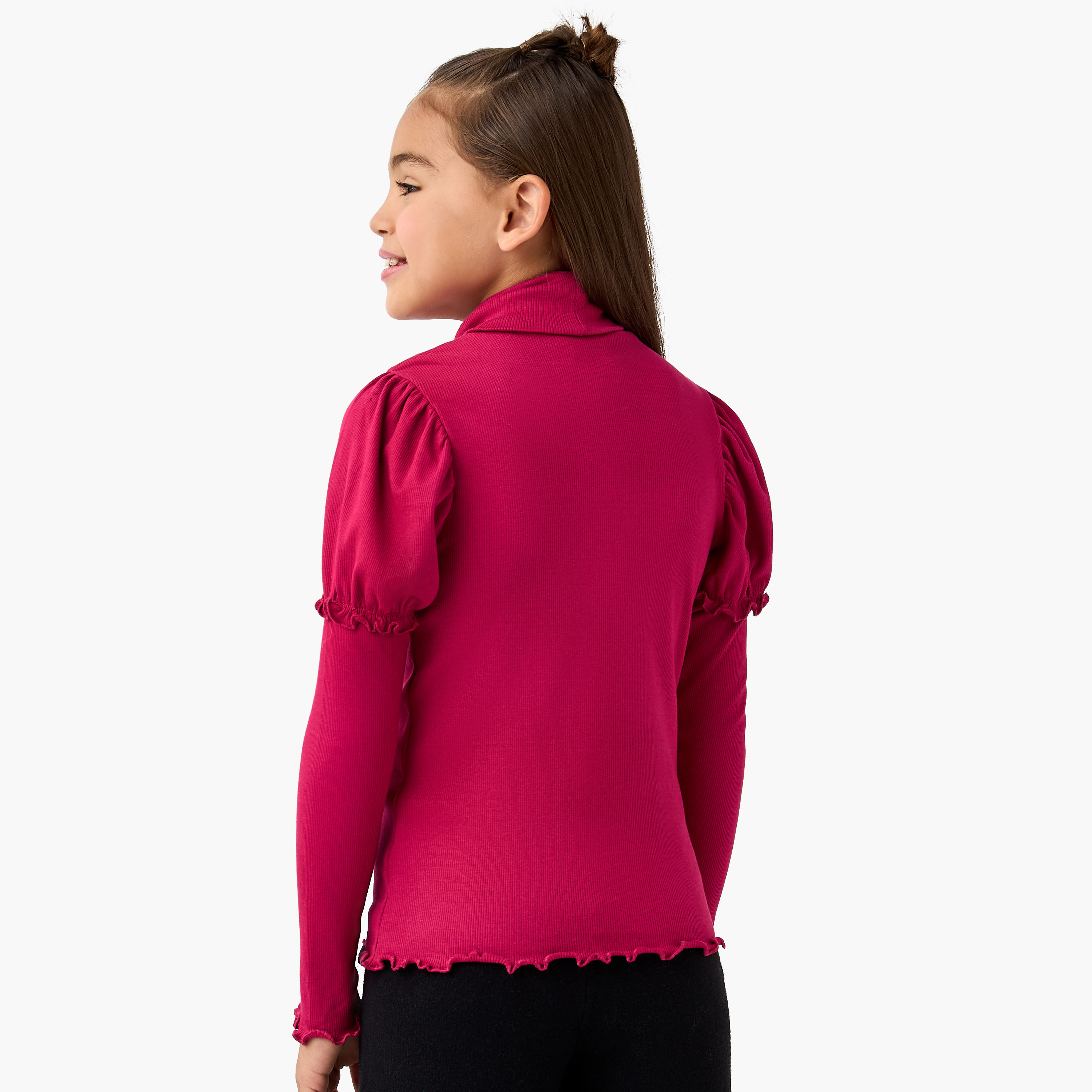 تيشيرت مضلع بياقة عالية وأكمام طويلة من جونيورز-girls-clothing-tshirts-image-3
