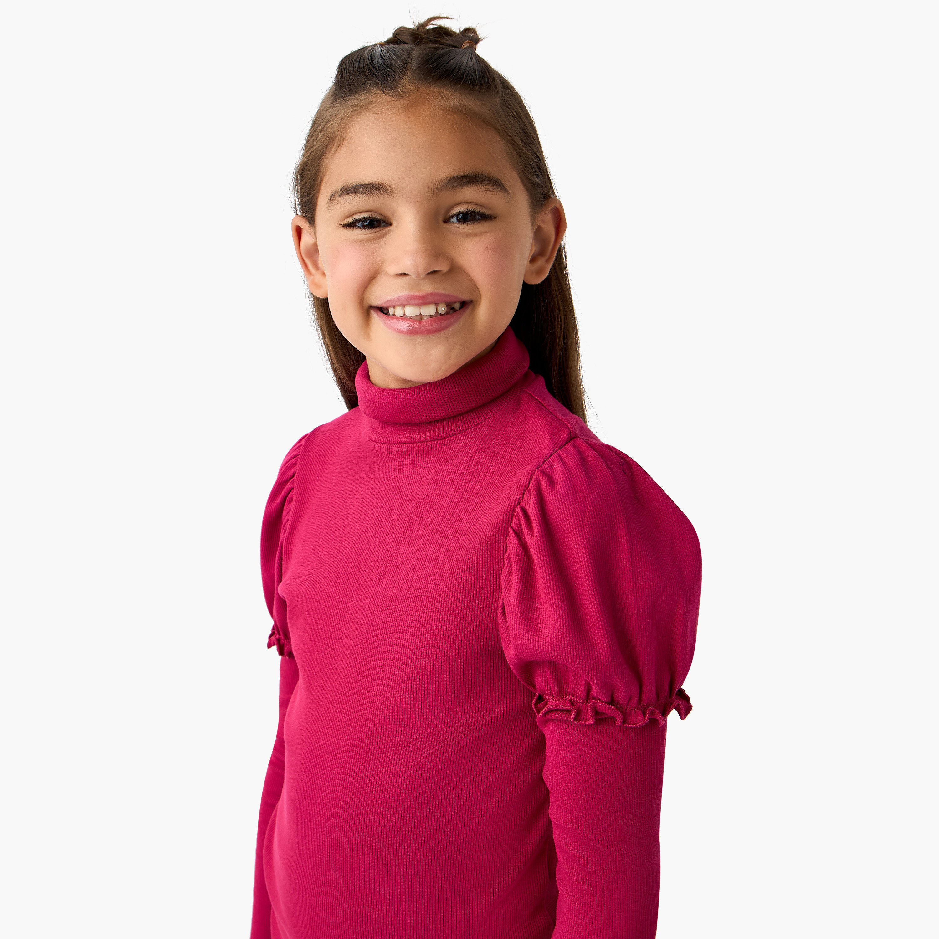 تيشيرت مضلع بياقة عالية وأكمام طويلة من جونيورز-girls-clothing-tshirts-image-4