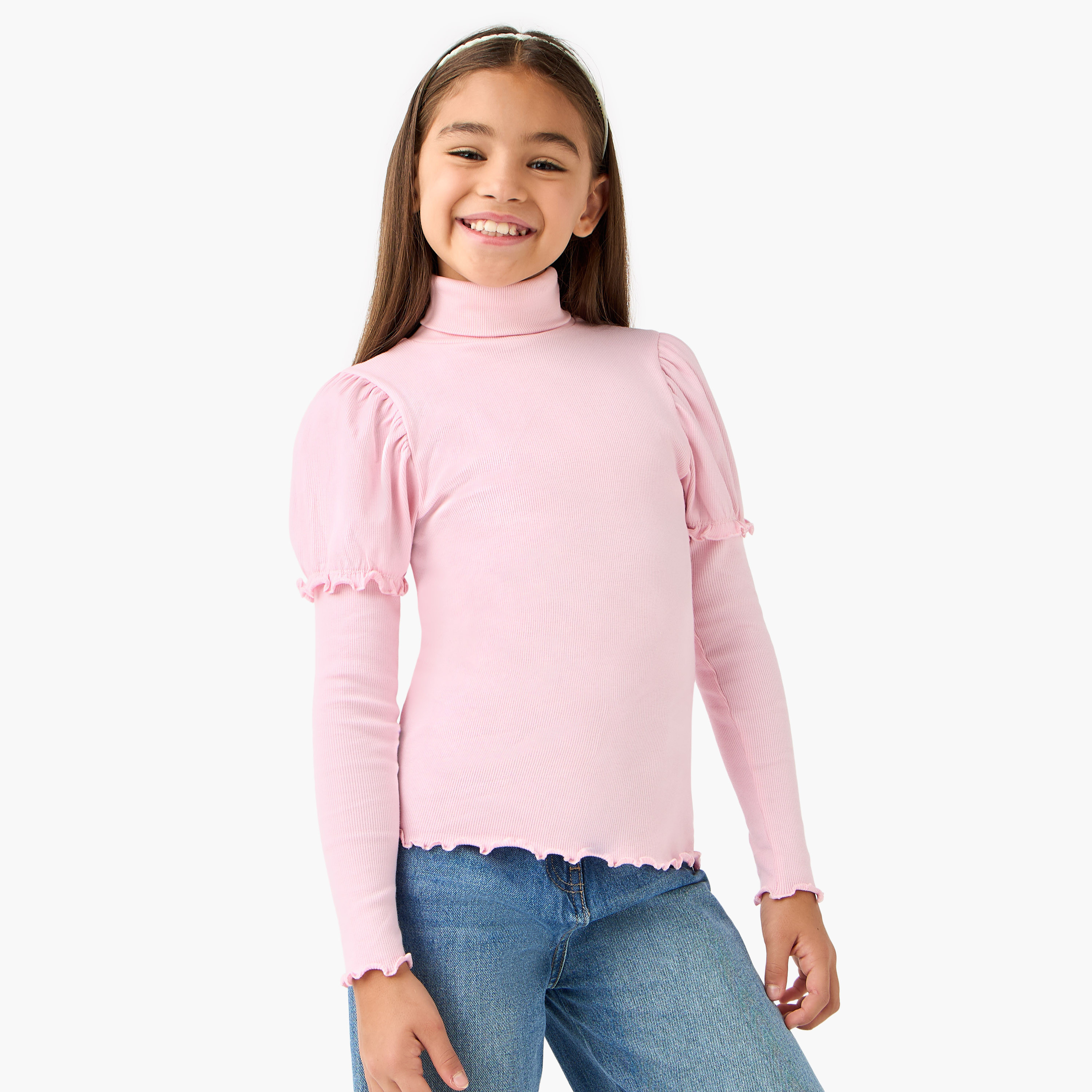 Juniors Ribbed Turtleneck T-shirt with Long Sleeves-girls-clothing-tshirts-image-1