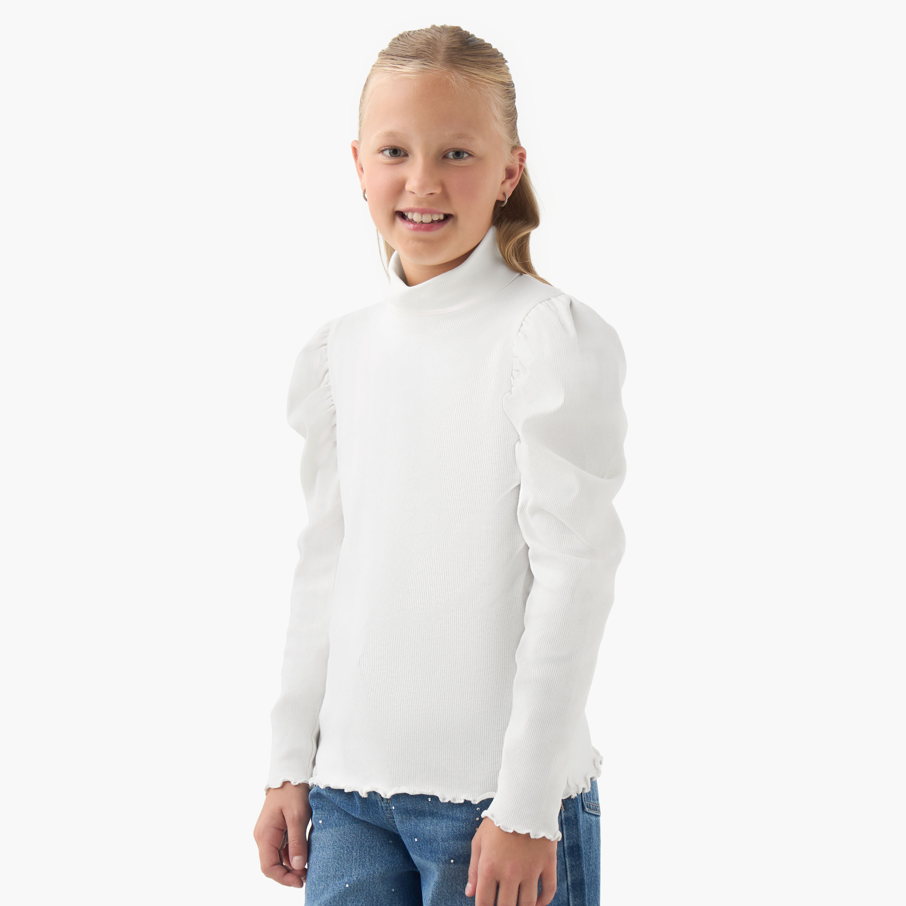 Juniors Ribbed Turtleneck T-shirt with Long Sleeves-girls-clothing-tshirts-image-1