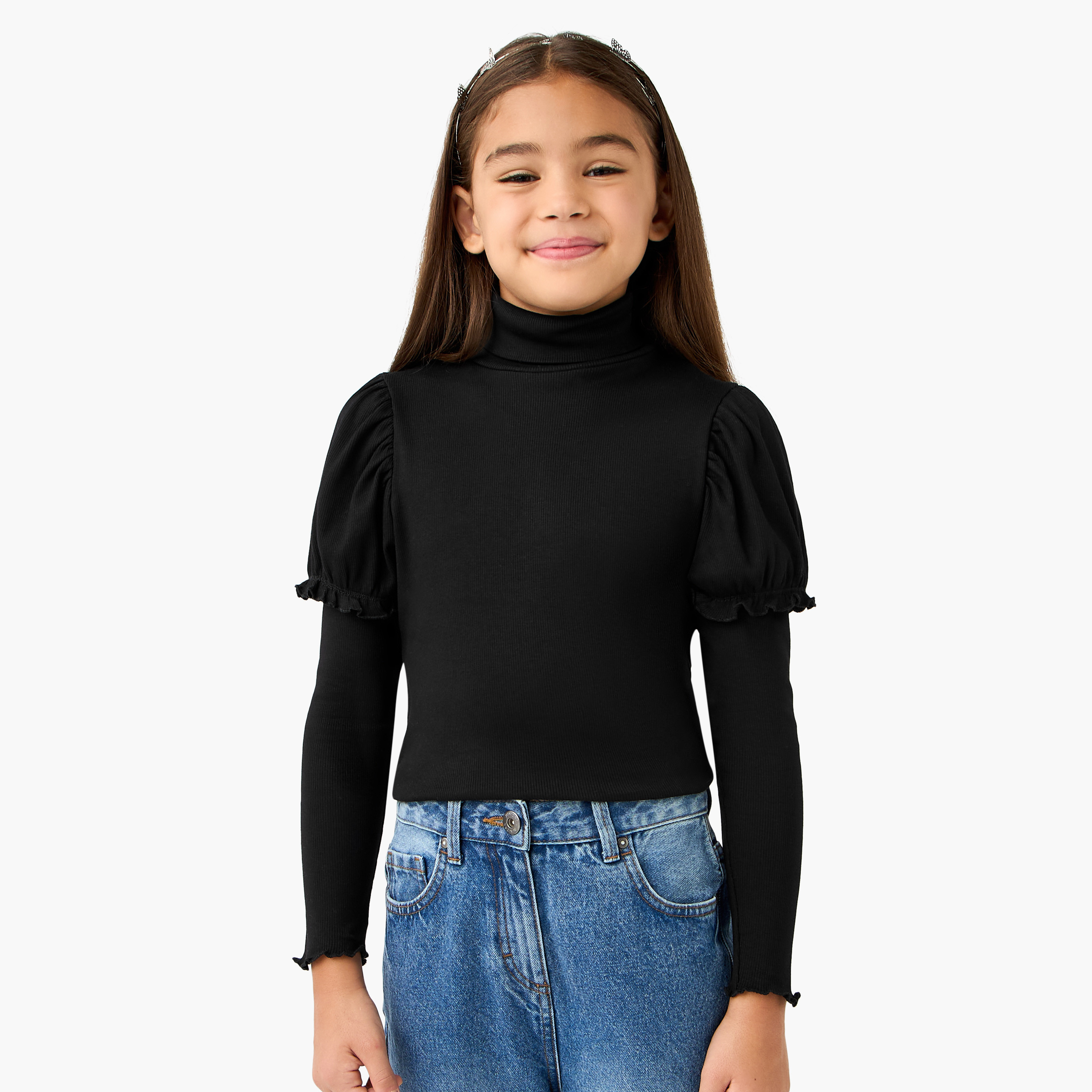 Juniors Ribbed Turtleneck T-shirt with Long Sleeves-girls-clothing-tshirts-image-1