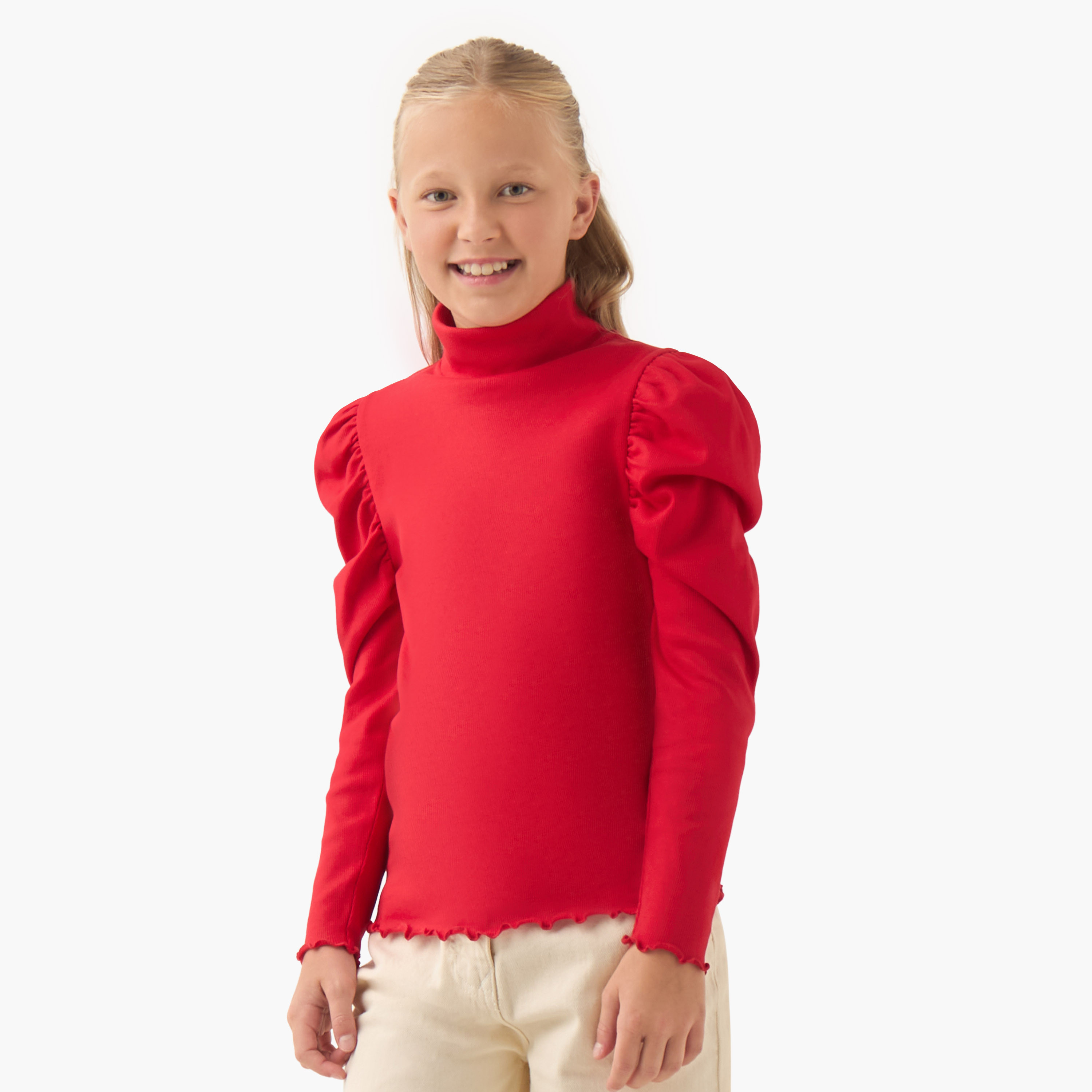 Juniors Ribbed Turtleneck T-shirt with Long Sleeves-girls-clothing-tshirts-image-1