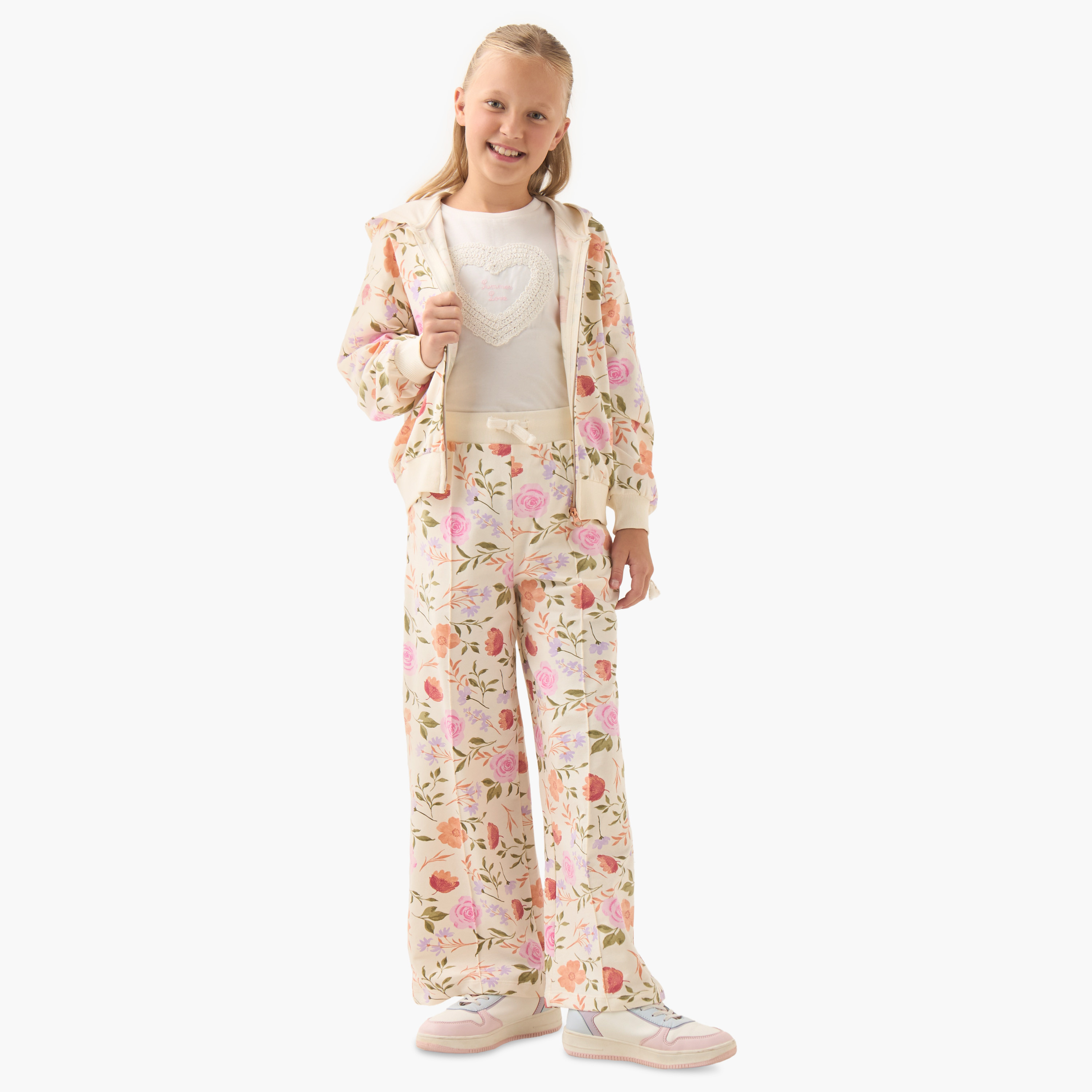 Juniors Girls Sweatshirt and Pants Set with Floral Print - Cotton - Long Sleeves - Hood-girls-clothing-setsandcoords-image-1