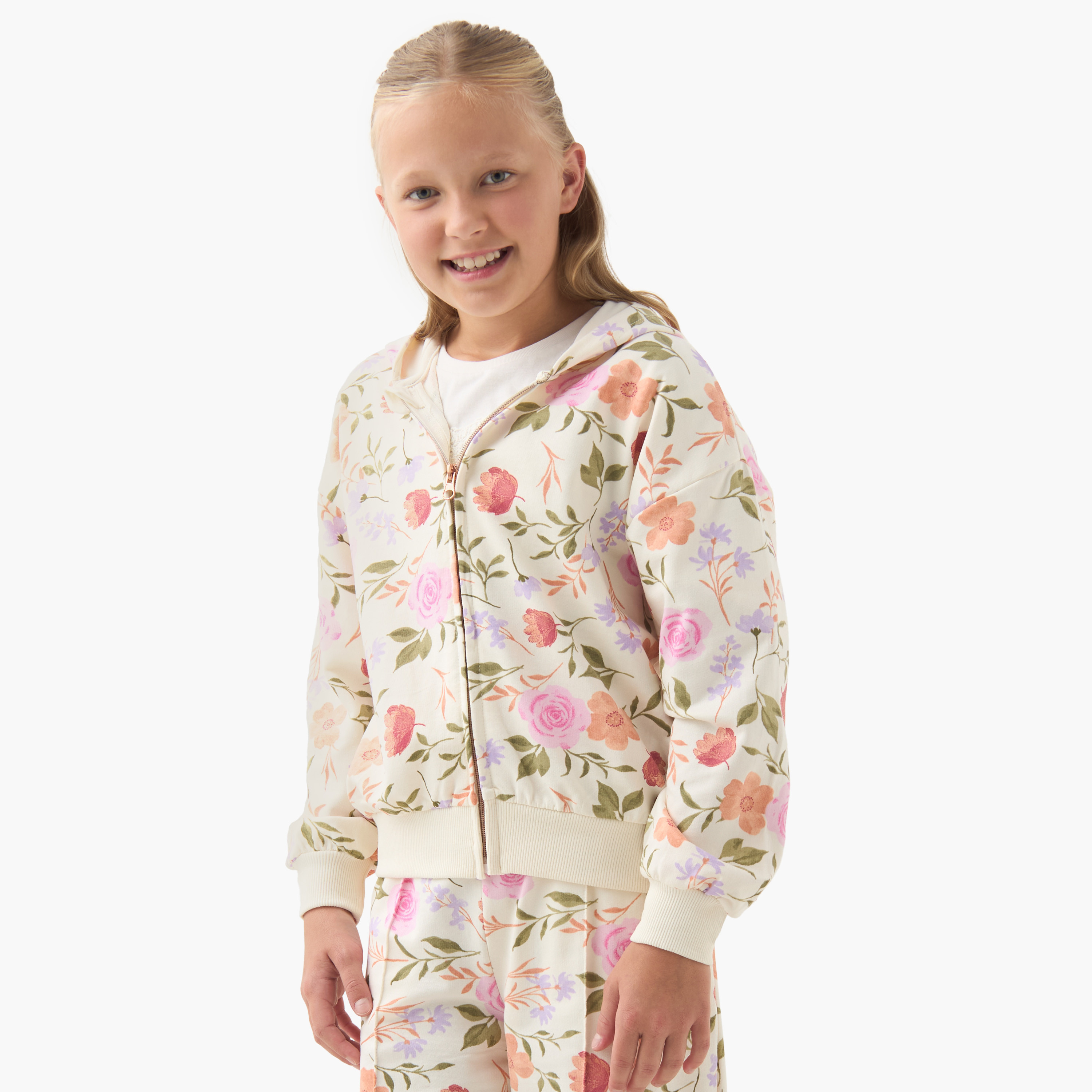 Juniors Girls Sweatshirt and Pants Set with Floral Print - Cotton - Long Sleeves - Hood-girls-clothing-setsandcoords-image-2