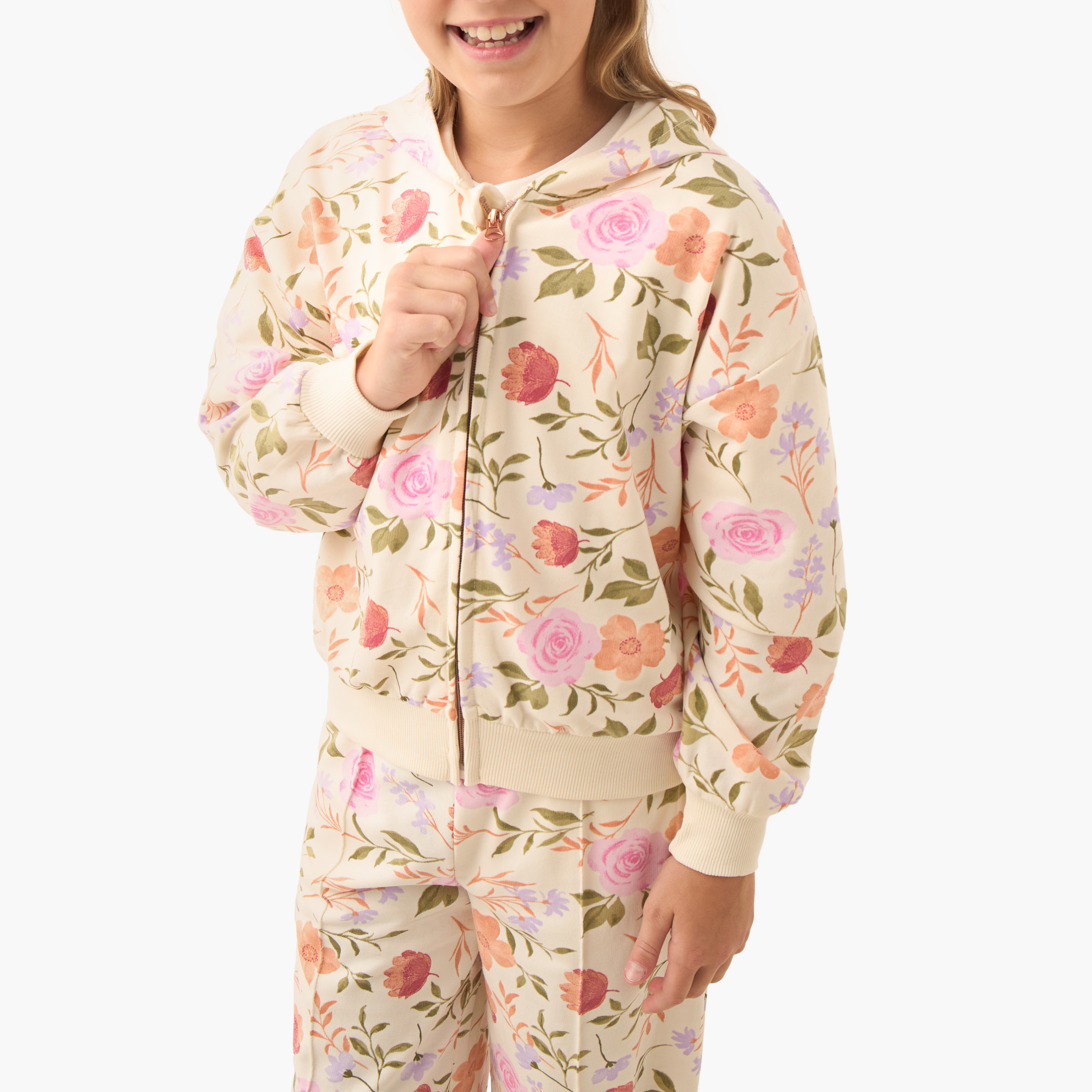Juniors Girls Sweatshirt and Pants Set with Floral Print - Cotton - Long Sleeves - Hood-girls-clothing-setsandcoords-image-5
