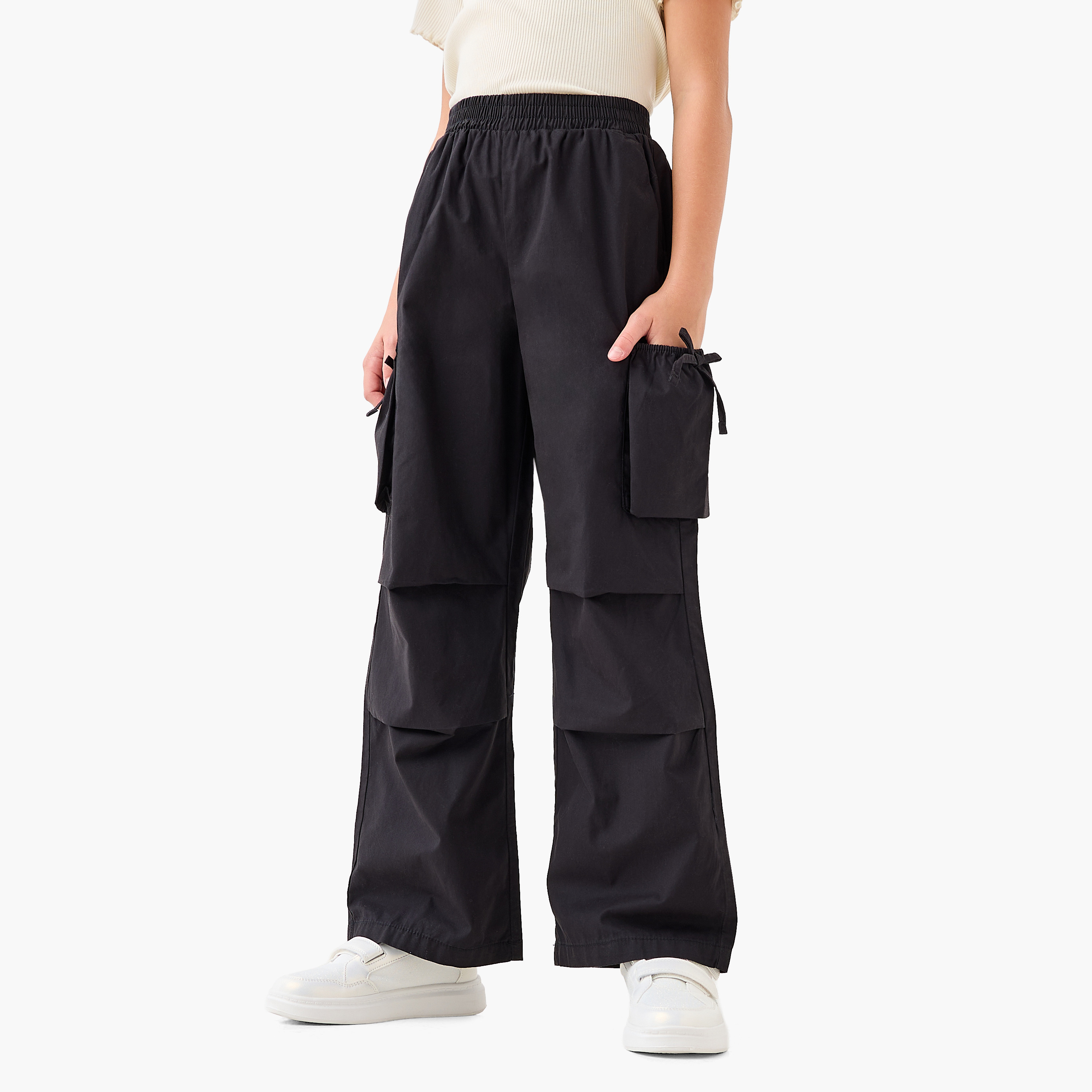 بنطلون واسع الساقين بجيوب كارجو - قطن - خصر مطاطي للبنات من جونيورز-girls-clothing-bottoms-trousers-image-1