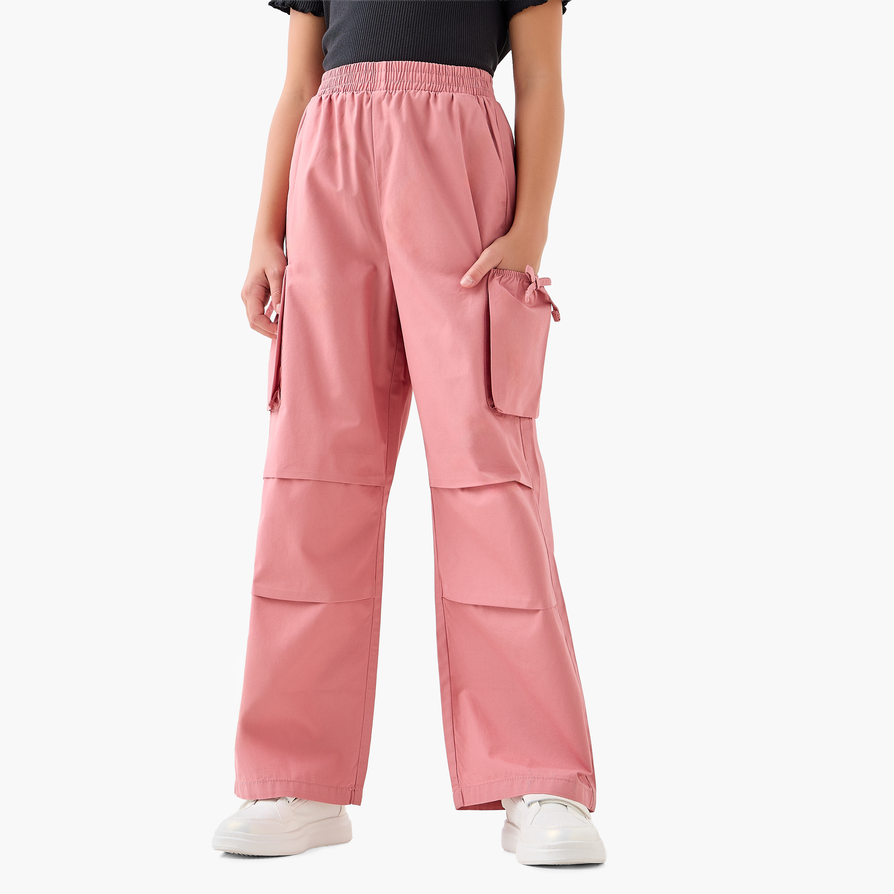 Juniors Girls Wide Leg Trousers with Cargo Pockets - Cotton - Elastic Waist-girls-clothing-bottoms-trousers-image-1