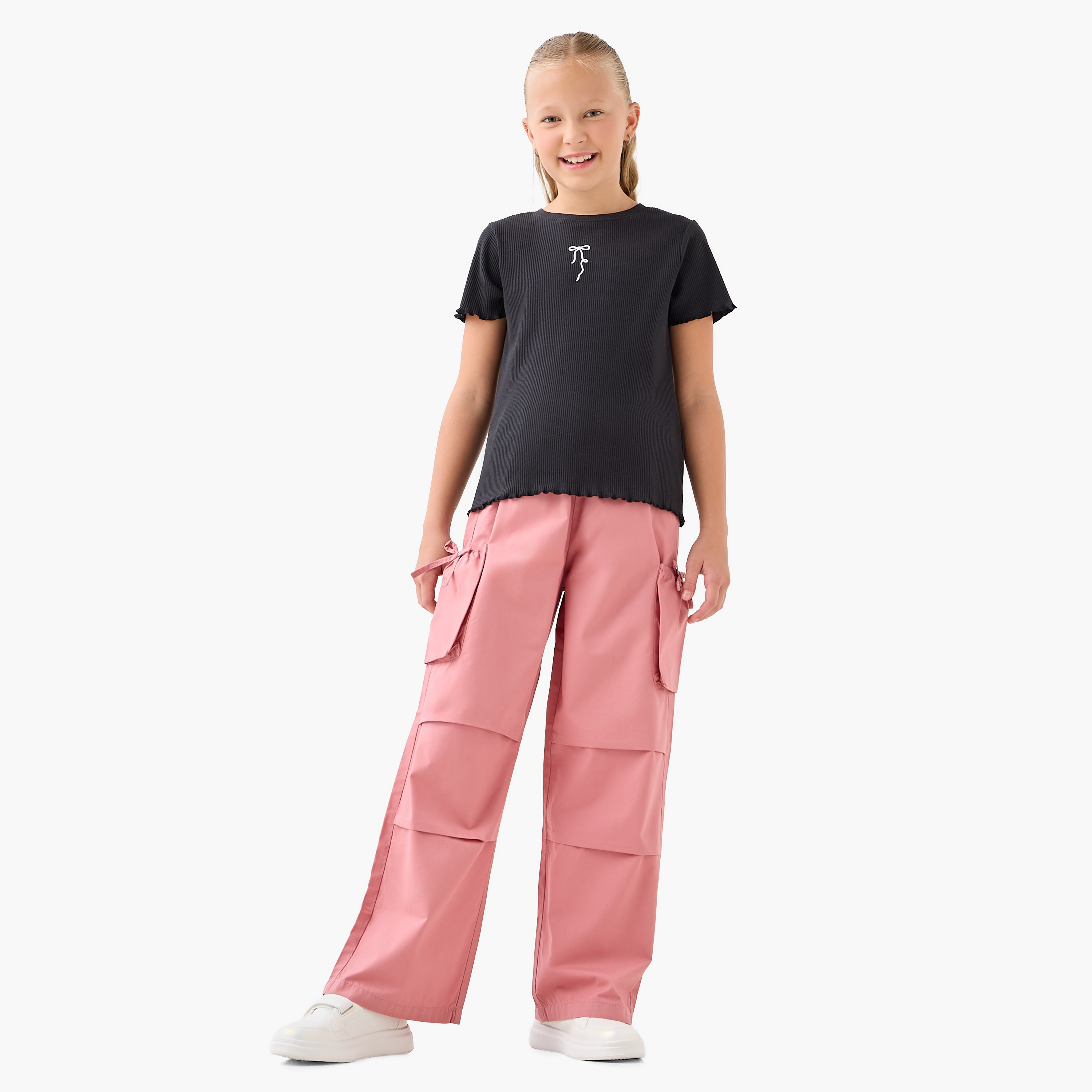 Juniors Girls Wide Leg Trousers with Cargo Pockets - Cotton - Elastic Waist-girls-clothing-bottoms-trousers-image-2
