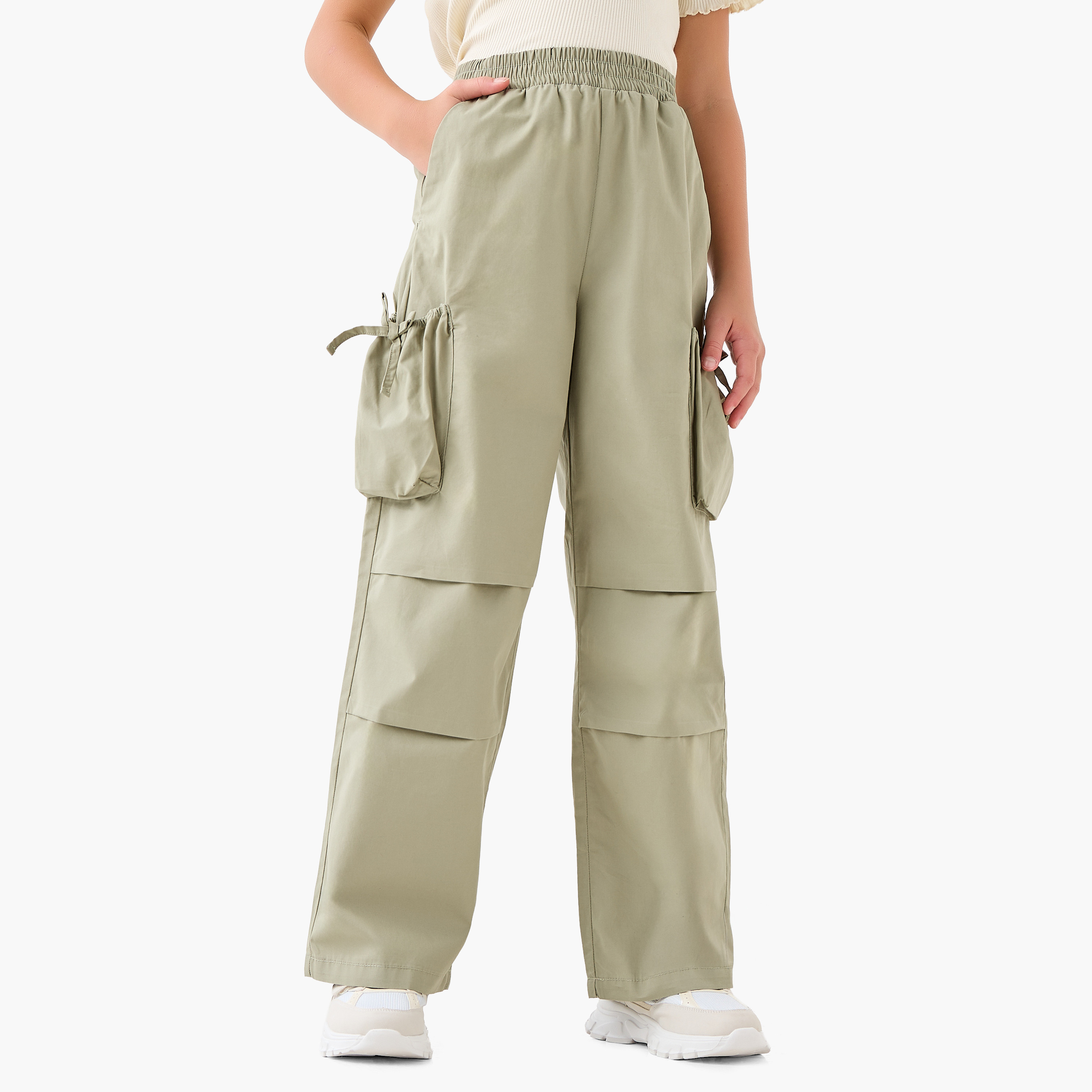 Juniors Girls Wide Leg Trousers with Cargo Pockets - Cotton - Elastic Waist-girls-clothing-bottoms-trousers-image-1