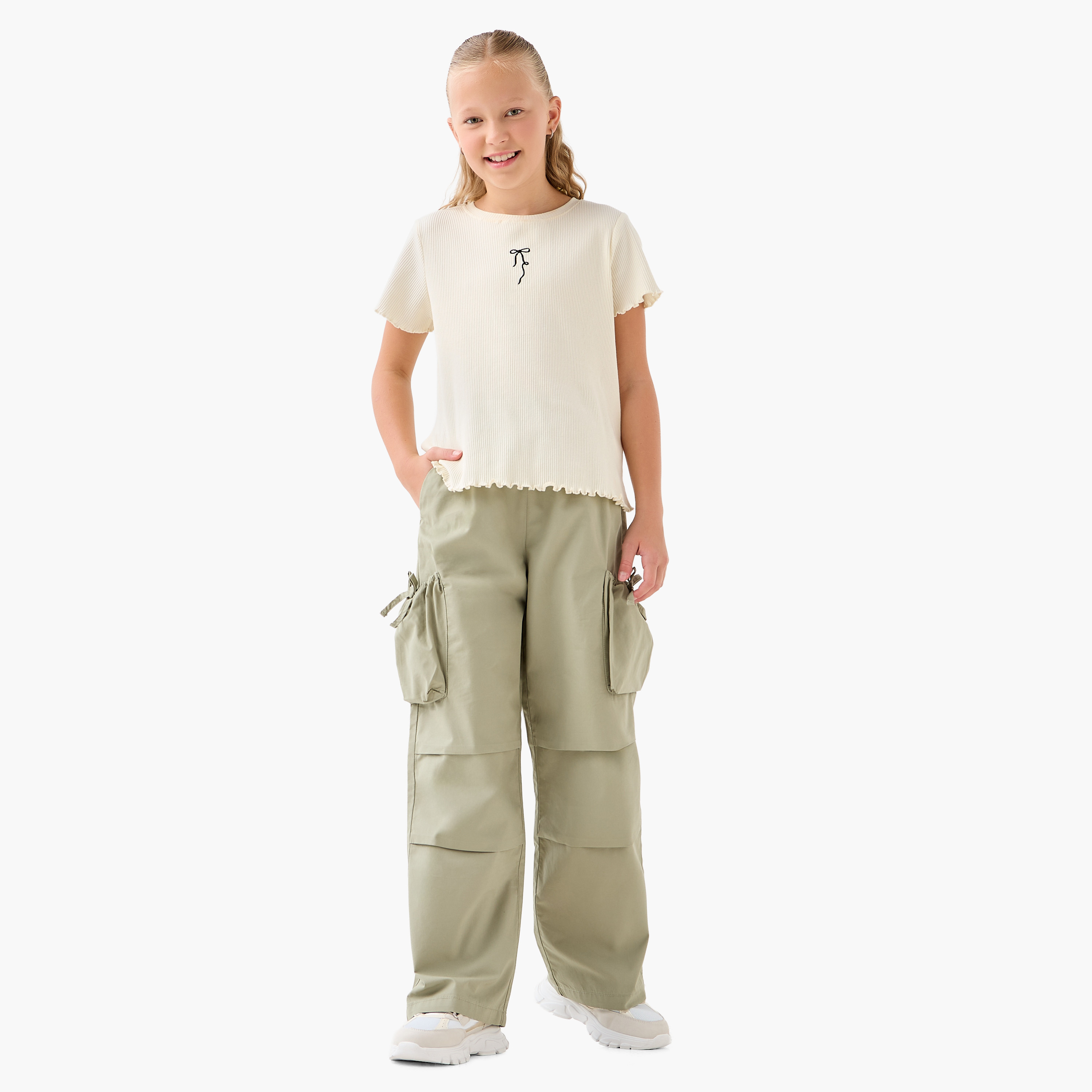 Juniors Girls Wide Leg Trousers with Cargo Pockets - Cotton - Elastic Waist-girls-clothing-bottoms-trousers-image-2