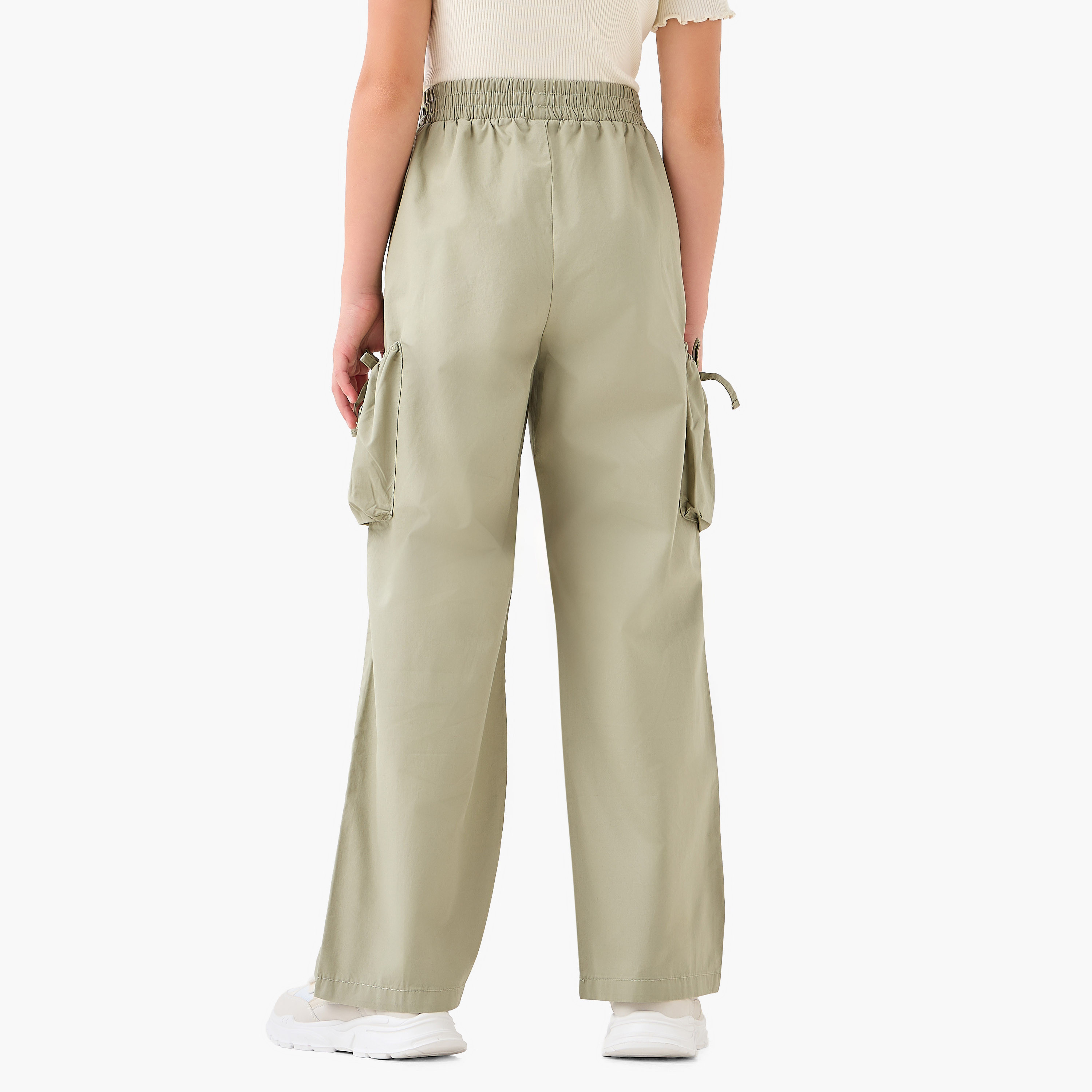 Juniors Girls Wide Leg Trousers with Cargo Pockets - Cotton - Elastic Waist-girls-clothing-bottoms-trousers-image-3