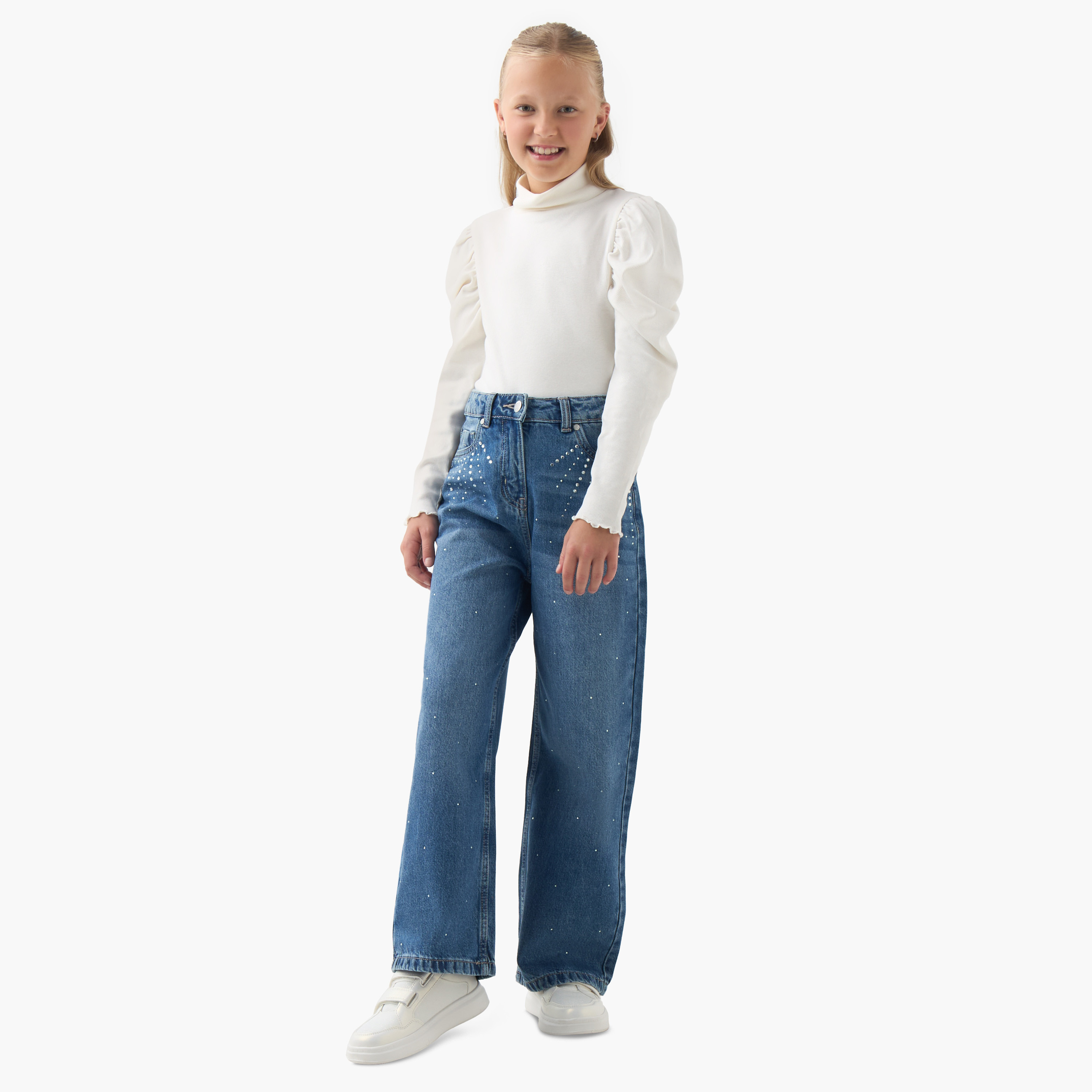 Juniors Girls Jeans with Embellishments - Cotton - Buttoned Waist - Regular-girls-clothing-bottoms-jeansandjeggings-image-2
