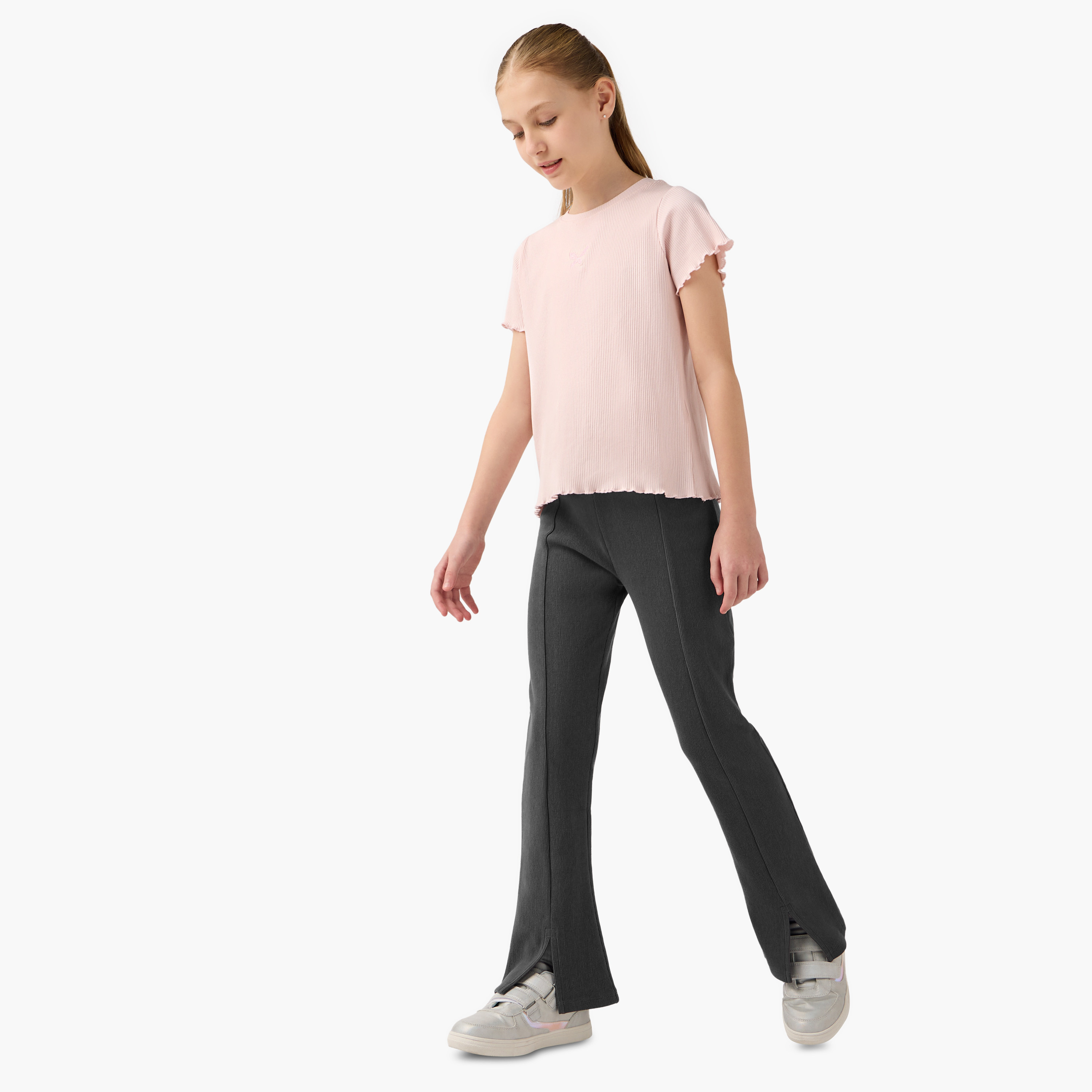 Juniors Ribbed Flared Leggings with Slit Detail-girls-clothing-bottoms-leggings-image-2