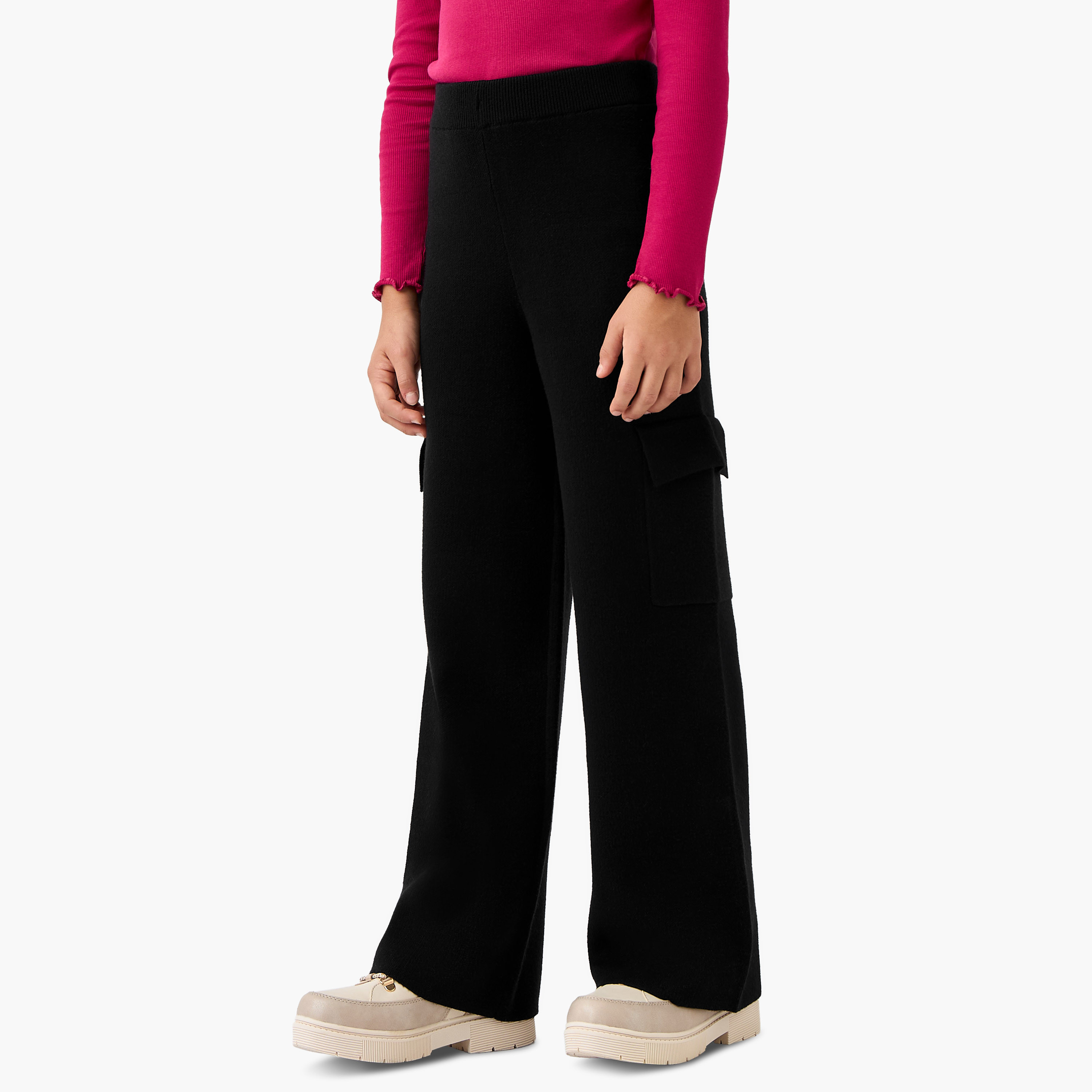 Juniors Solid Wide Leg Pants with Elasticated Waistband and Pockets-girls-clothing-bottoms-trousers-image-1