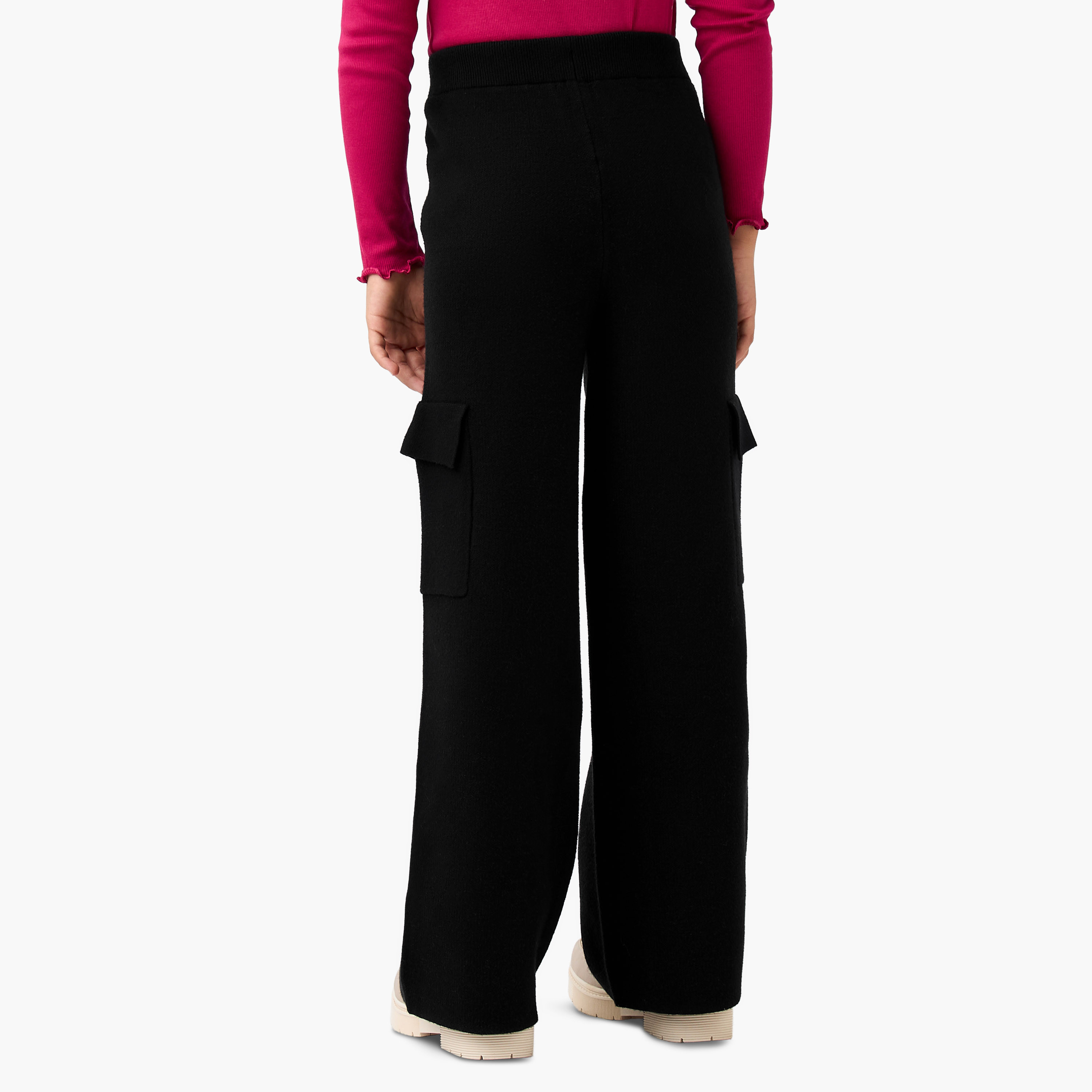 Juniors Solid Wide Leg Pants with Elasticated Waistband and Pockets-girls-clothing-bottoms-trousers-image-3