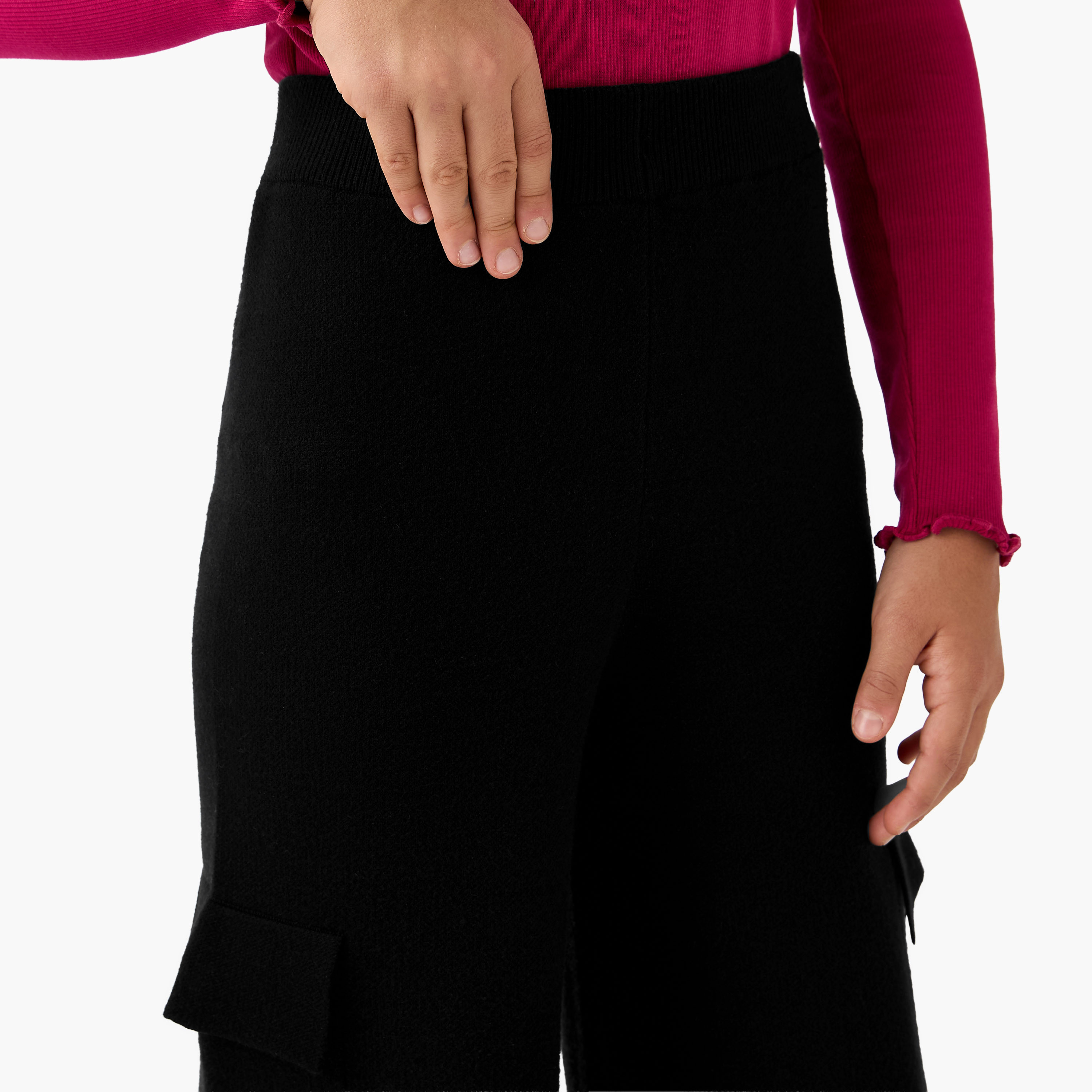 Juniors Solid Wide Leg Pants with Elasticated Waistband and Pockets-girls-clothing-bottoms-trousers-image-4