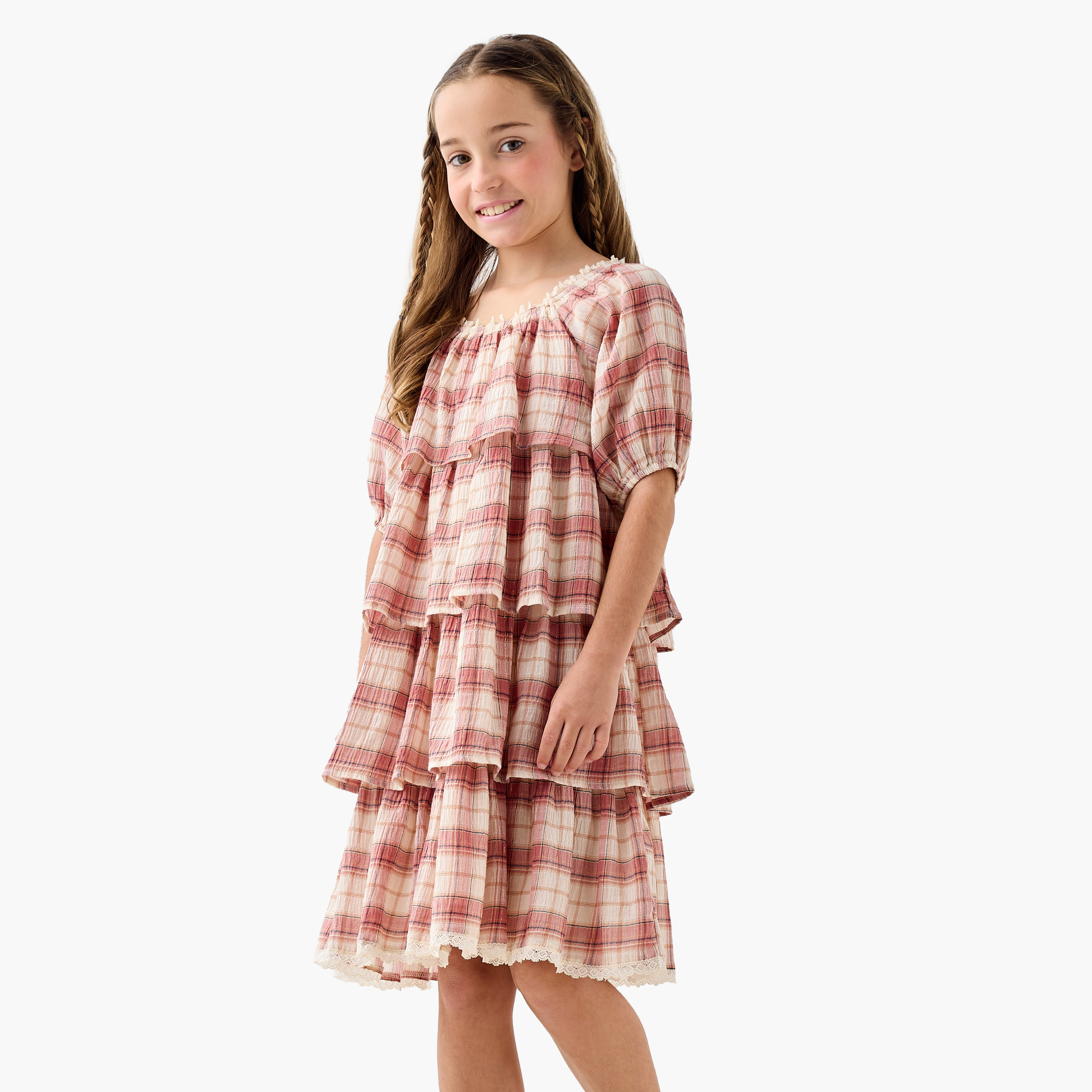 Juniors Checked Tiered Dress with Square Neck and Short Sleeves-girls-clothing-dressesandjumpsuits-image-1