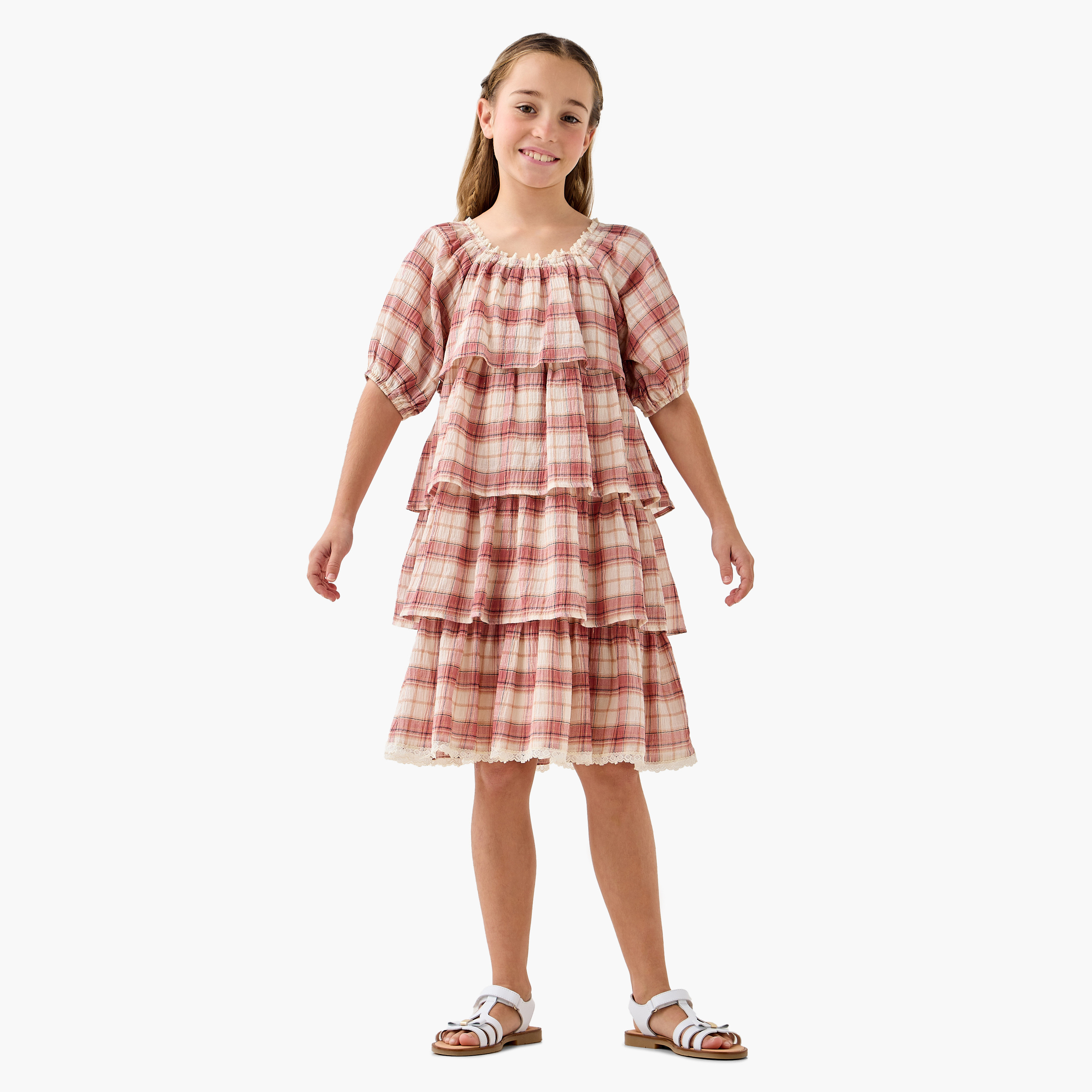 Juniors Checked Tiered Dress with Square Neck and Short Sleeves-girls-clothing-dressesandjumpsuits-image-2