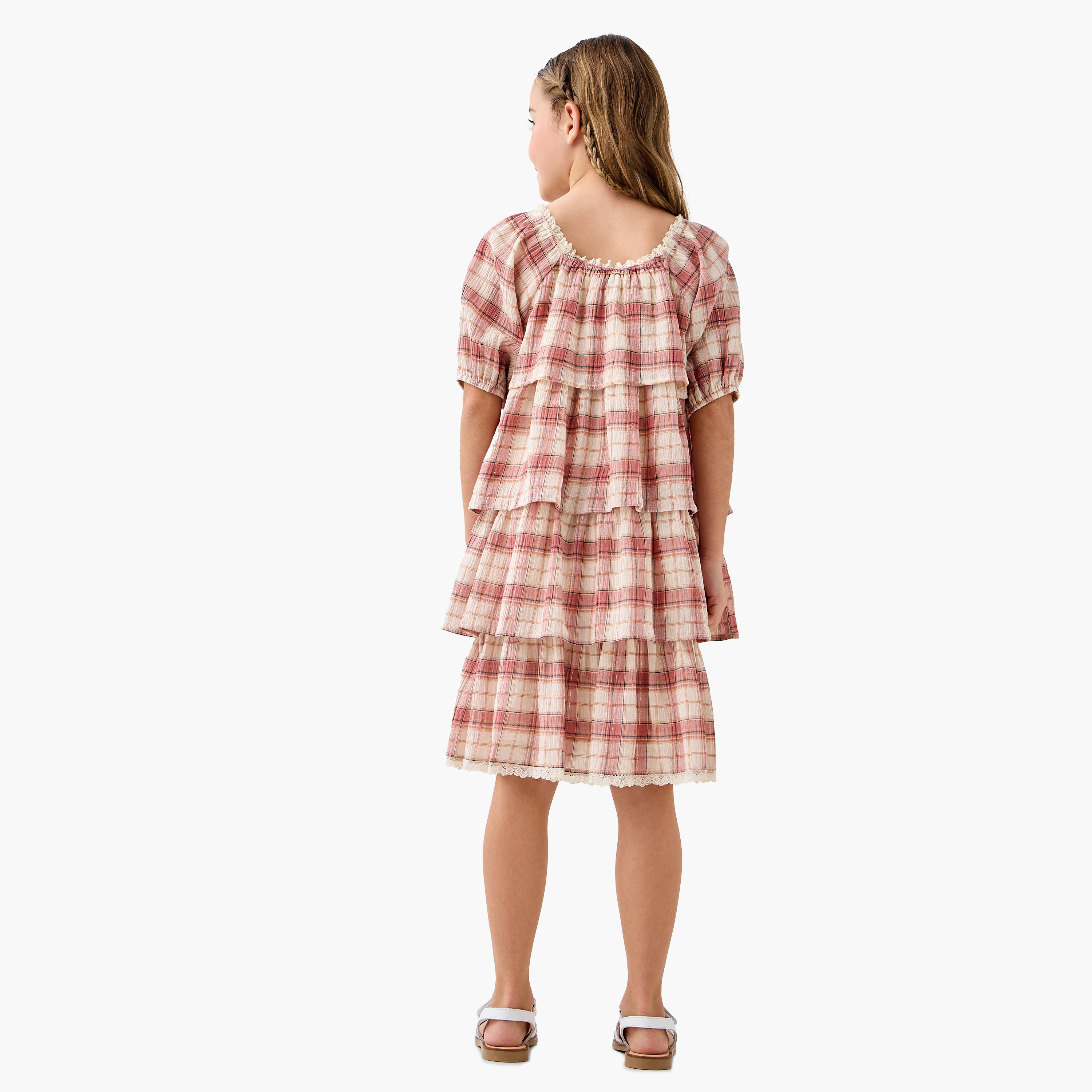 Juniors Checked Tiered Dress with Square Neck and Short Sleeves-girls-clothing-dressesandjumpsuits-image-3