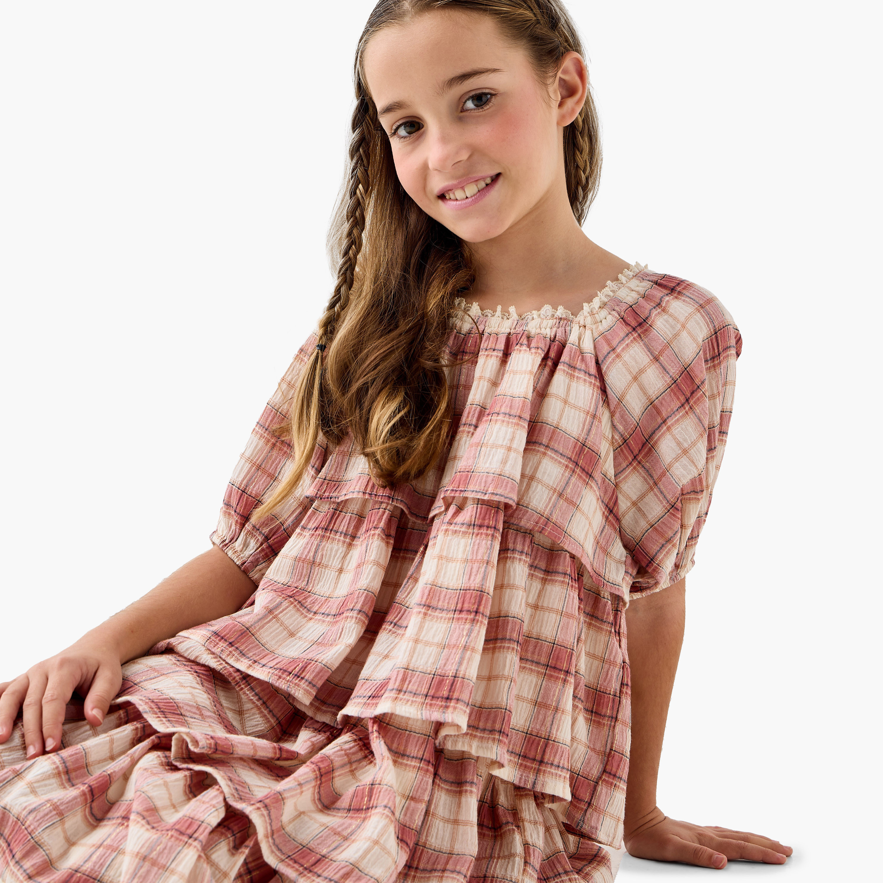 Juniors Checked Tiered Dress with Square Neck and Short Sleeves-girls-clothing-dressesandjumpsuits-image-4