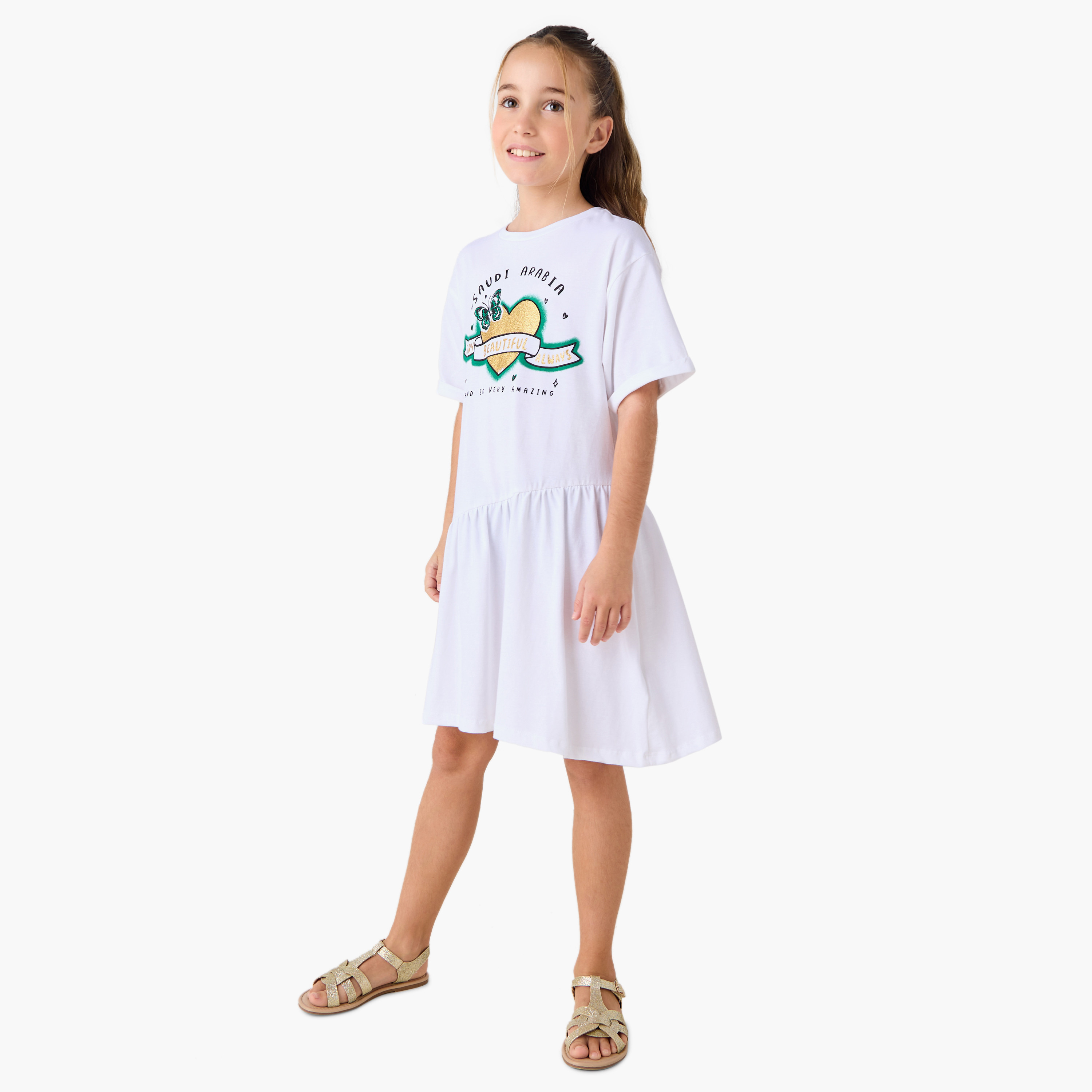 Juniors Saudi Arabia National Day Print A-line Dress with Round Neck-girls-clothing-dressesandjumpsuits-image-1