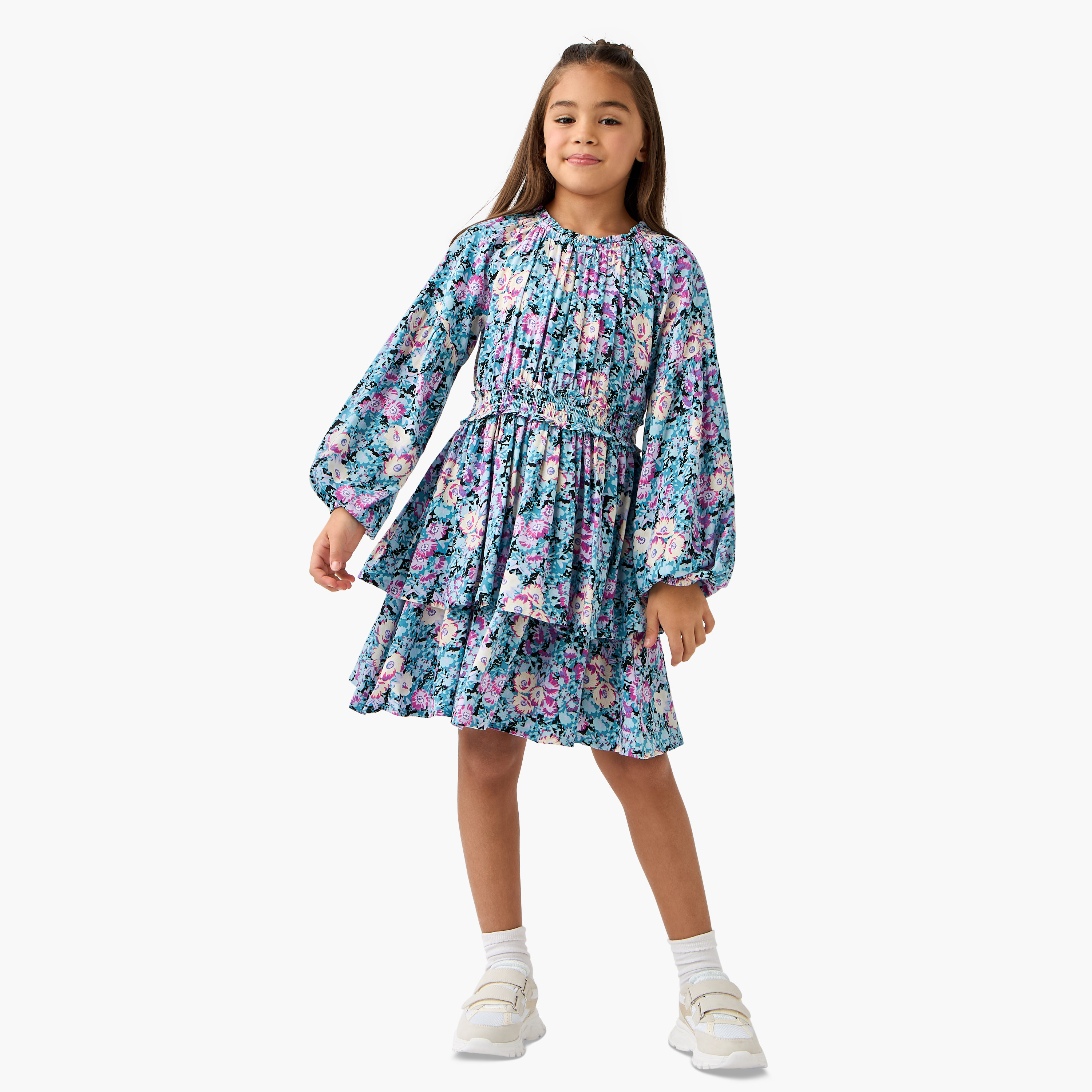 Juniors Floral Print Dress with Long Sleeves-girls-clothing-dressesandjumpsuits-image-2