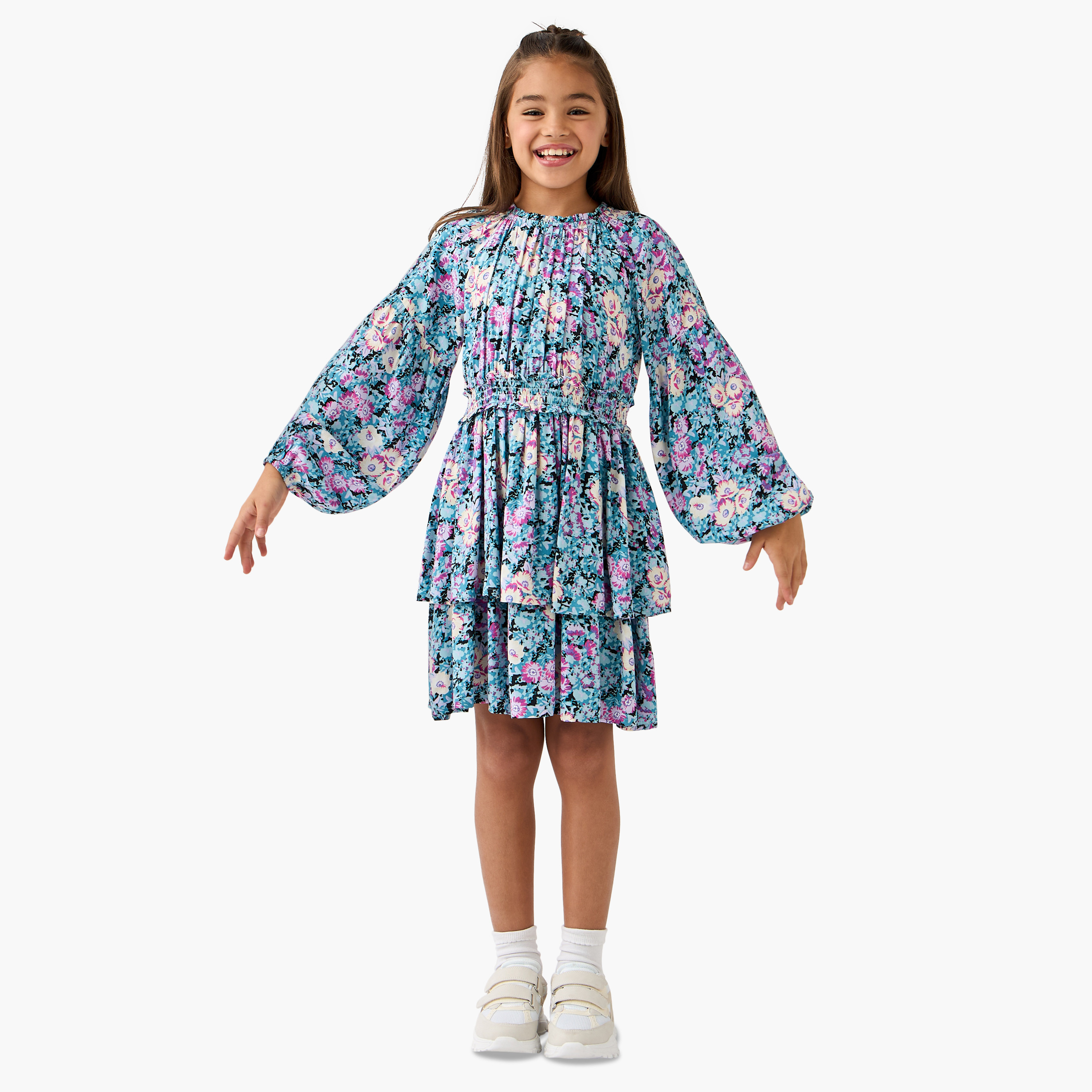 Juniors Floral Print Dress with Long Sleeves-girls-clothing-dressesandjumpsuits-image-6