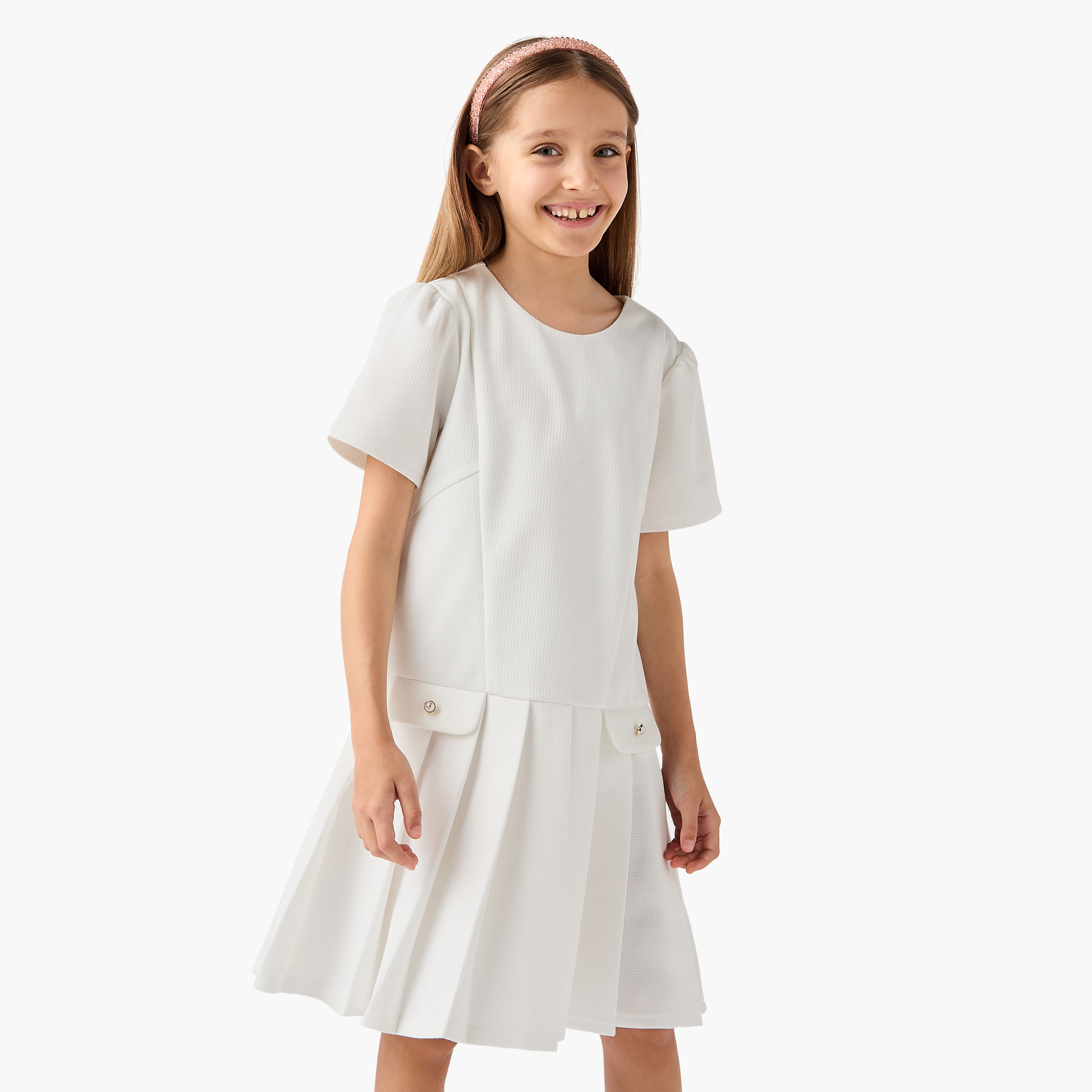 Juniors Pleated Drop Waist Dress with Round Neck-girls-clothing-dressesandjumpsuits-image-1