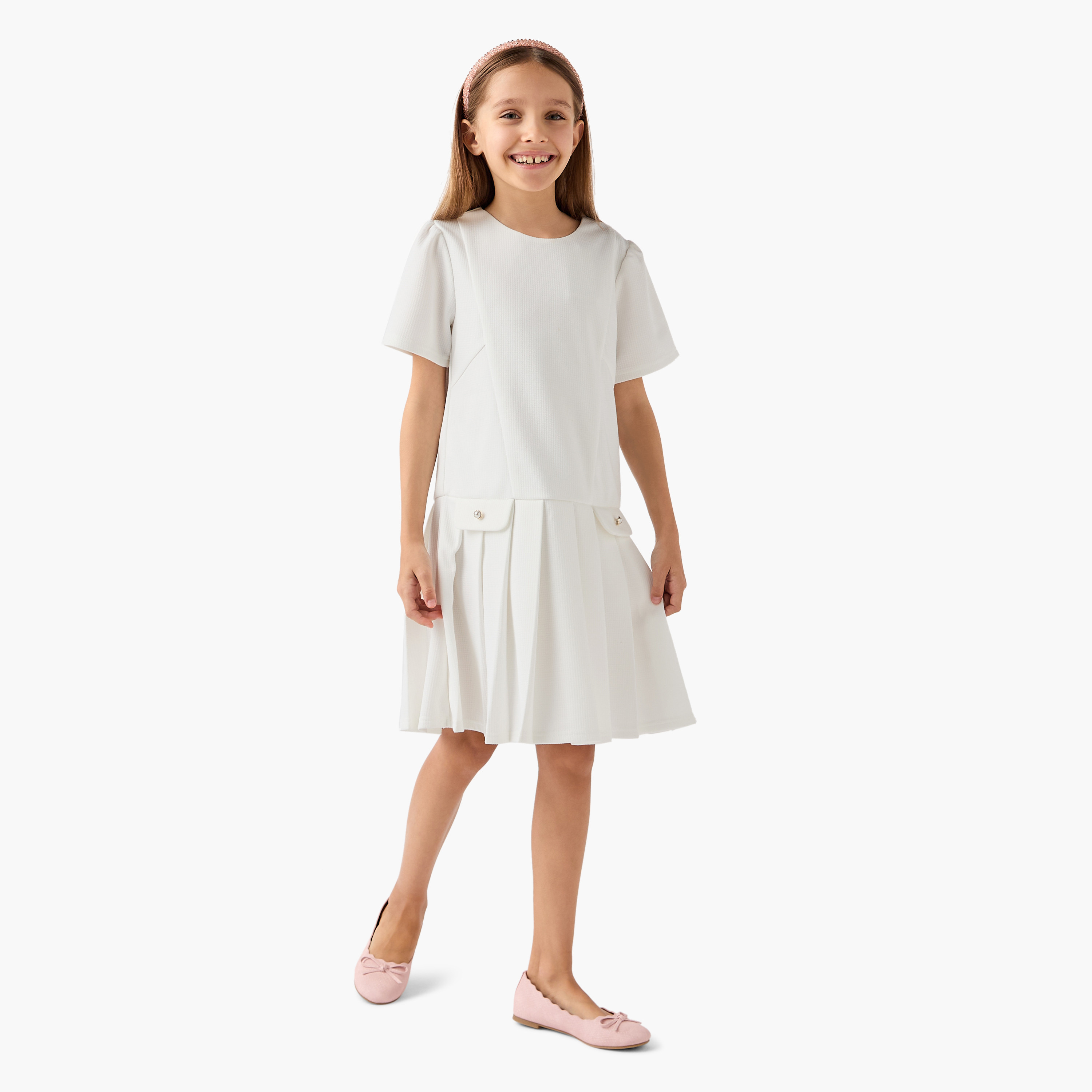 Juniors Pleated Drop Waist Dress with Round Neck-girls-clothing-dressesandjumpsuits-image-2