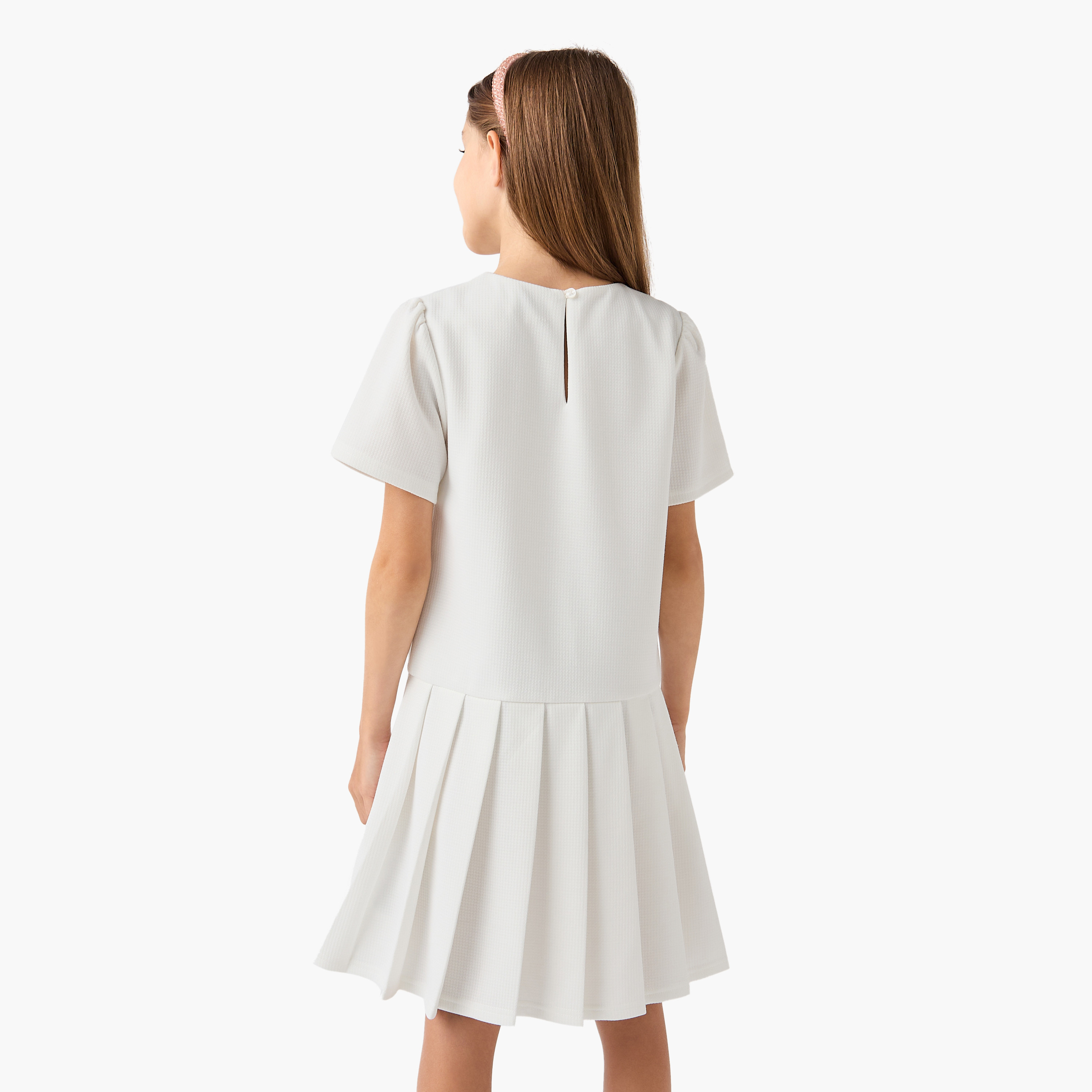 Juniors Pleated Drop Waist Dress with Round Neck-girls-clothing-dressesandjumpsuits-image-3