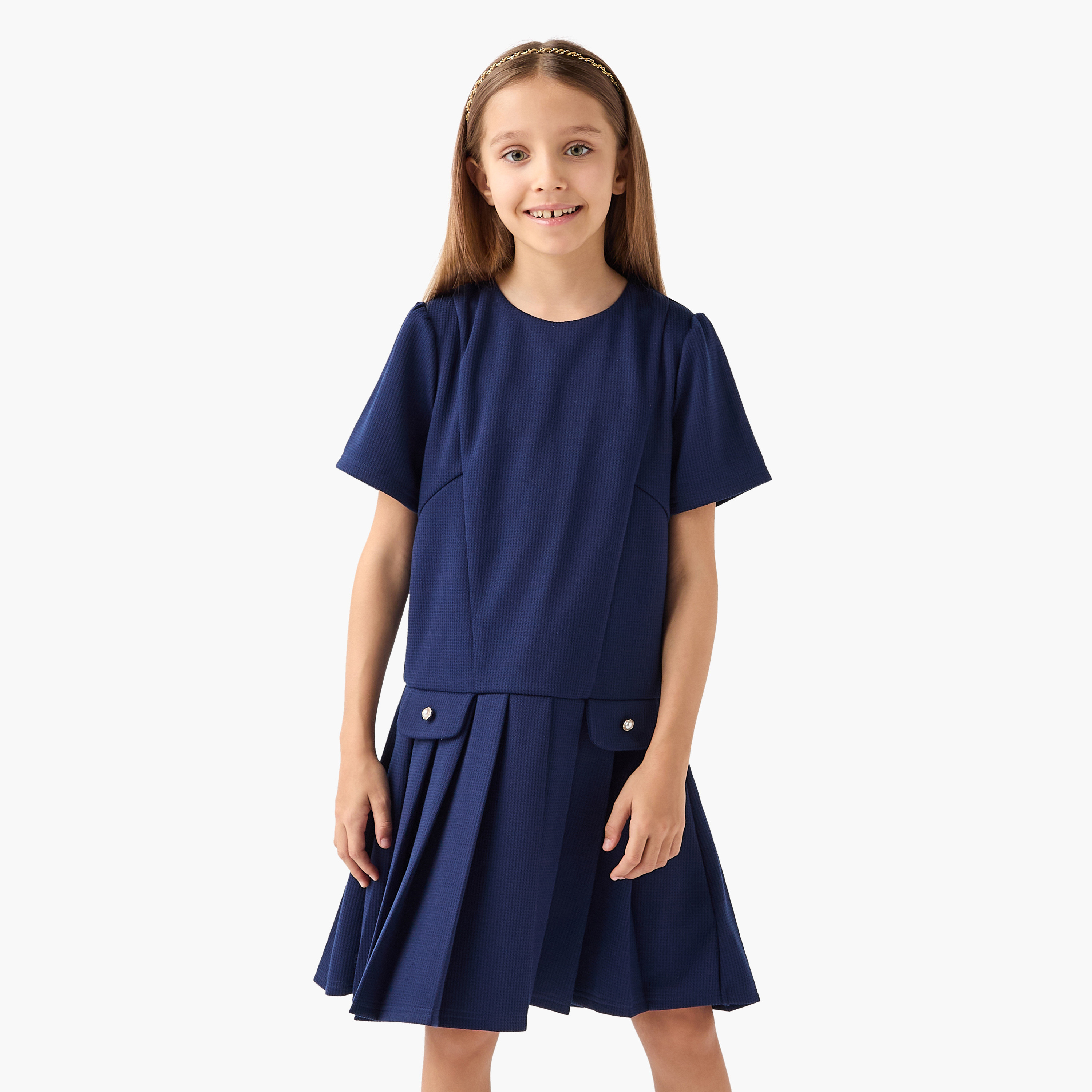 Juniors Pleated Drop Waist Dress with Round Neck-girls-clothing-dressesandjumpsuits-image-1