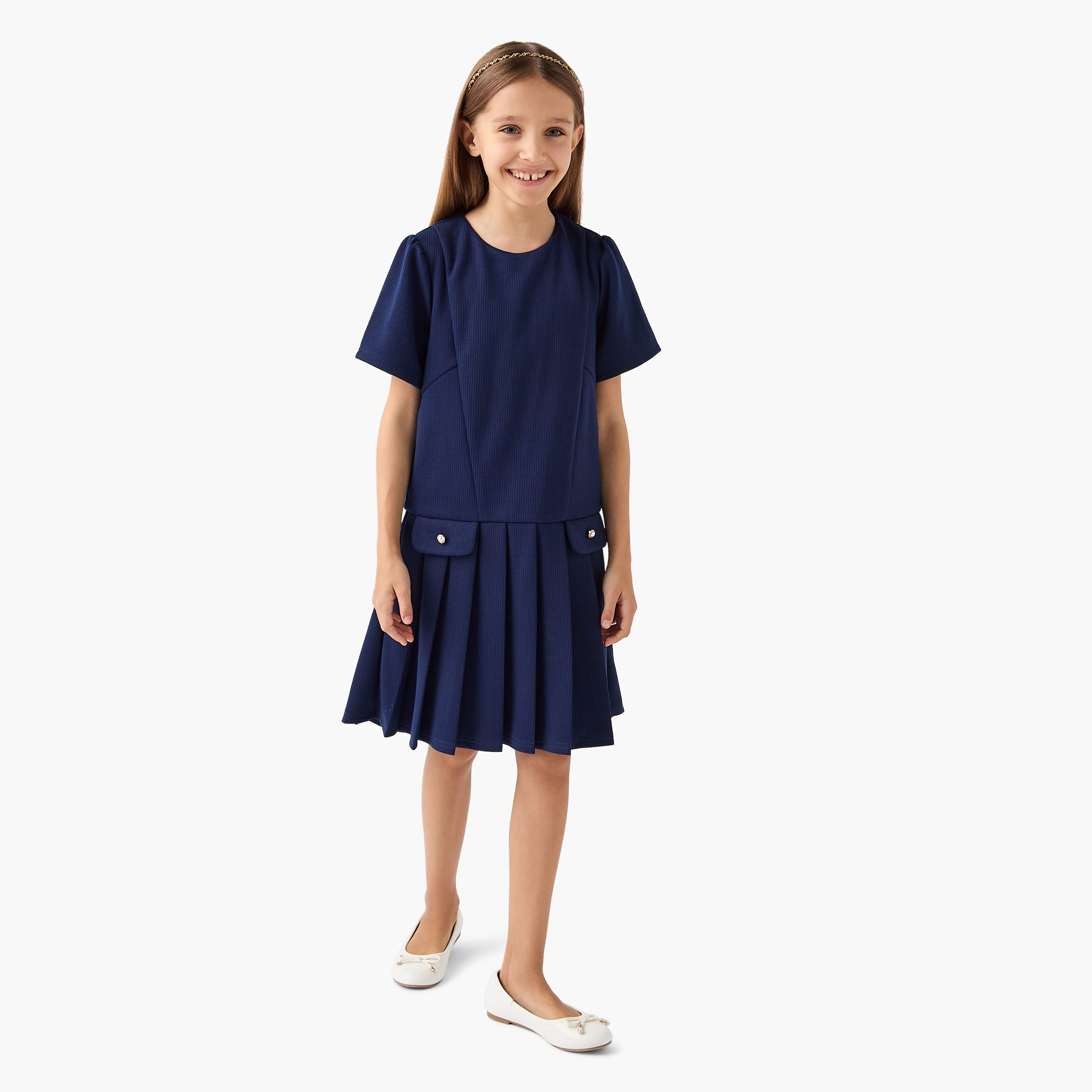 Juniors Pleated Drop Waist Dress with Round Neck-girls-clothing-dressesandjumpsuits-image-2