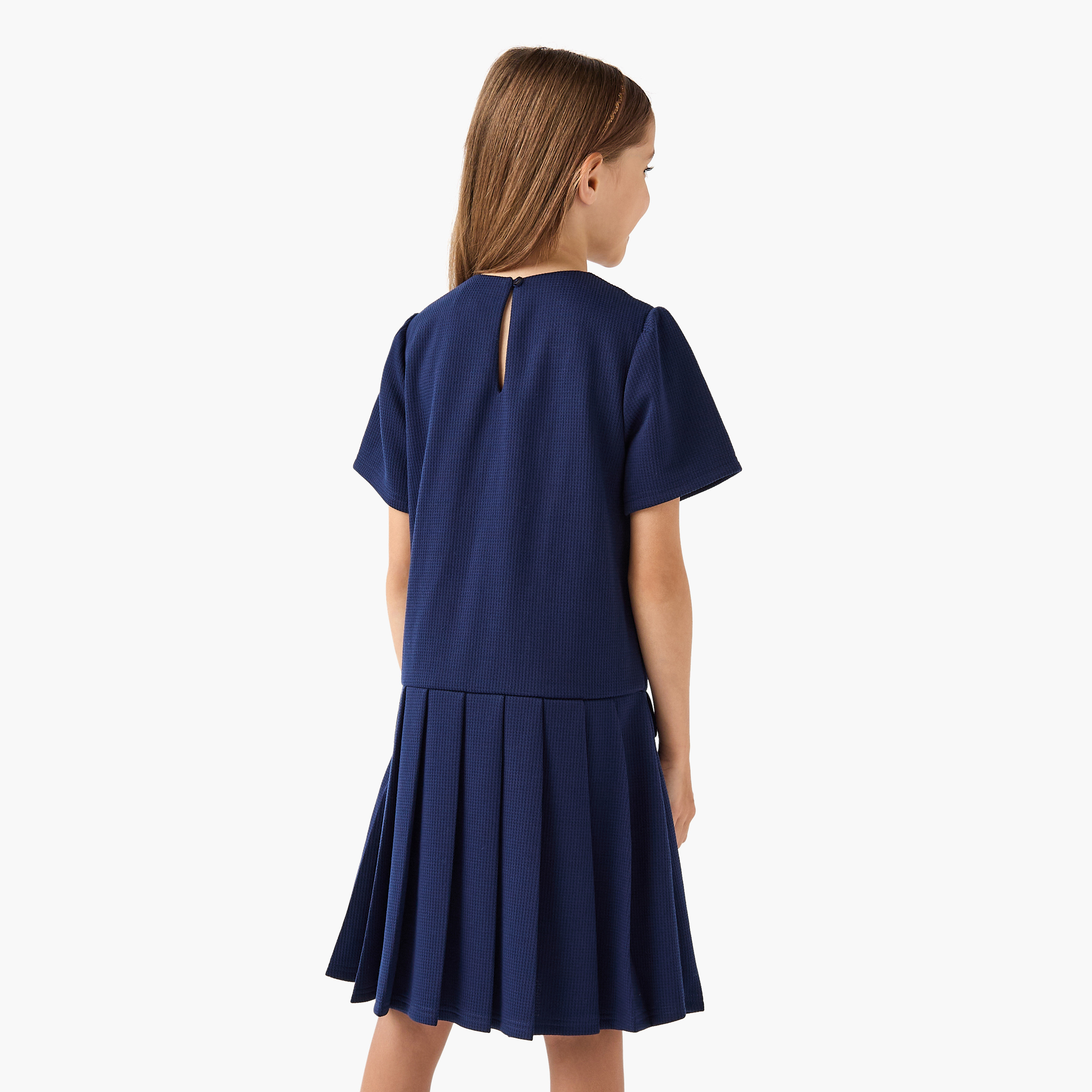 Juniors Pleated Drop Waist Dress with Round Neck-girls-clothing-dressesandjumpsuits-image-3