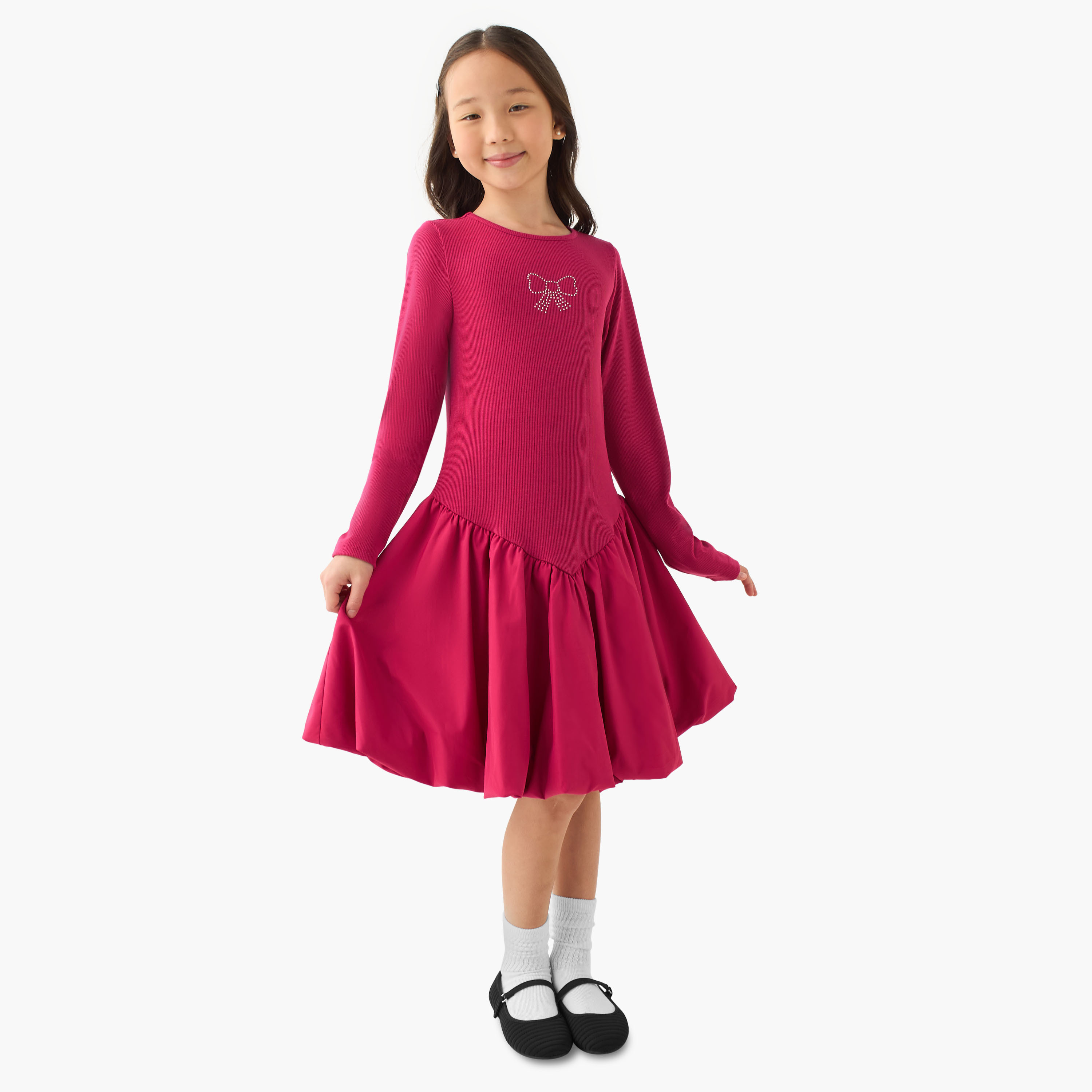 Juniors Round Neck Long Sleeves Knee Length Dress with Embellishments-girls-clothing-dressesandjumpsuits-image-1