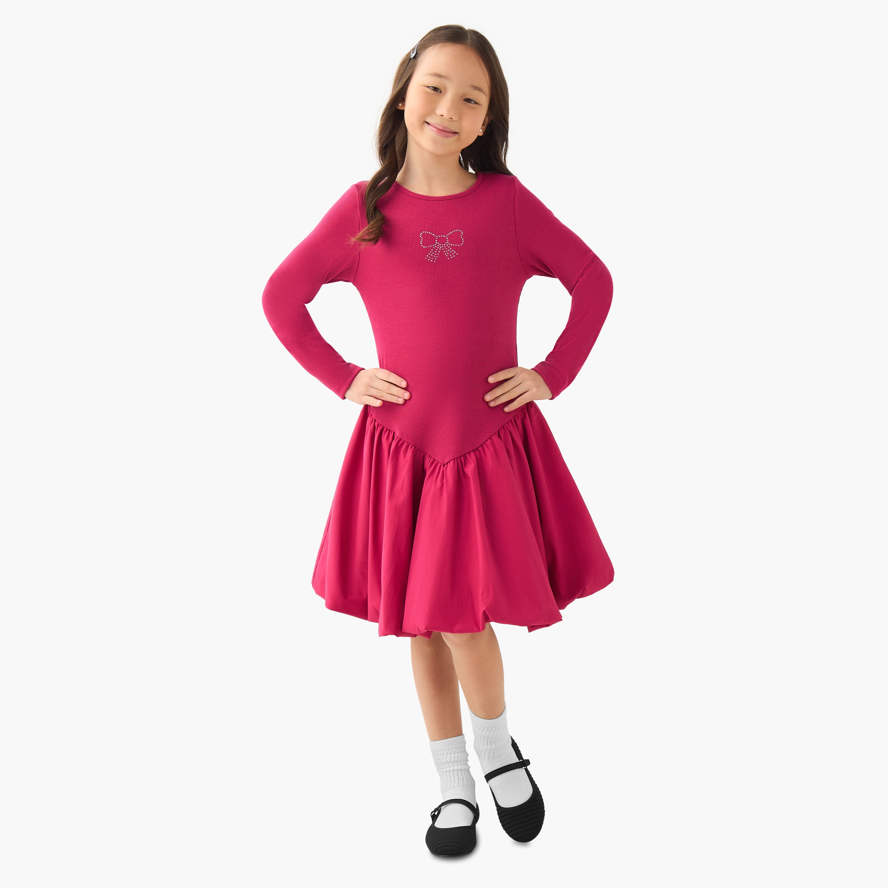 Juniors Round Neck Long Sleeves Knee Length Dress with Embellishments-girls-clothing-dressesandjumpsuits-image-2