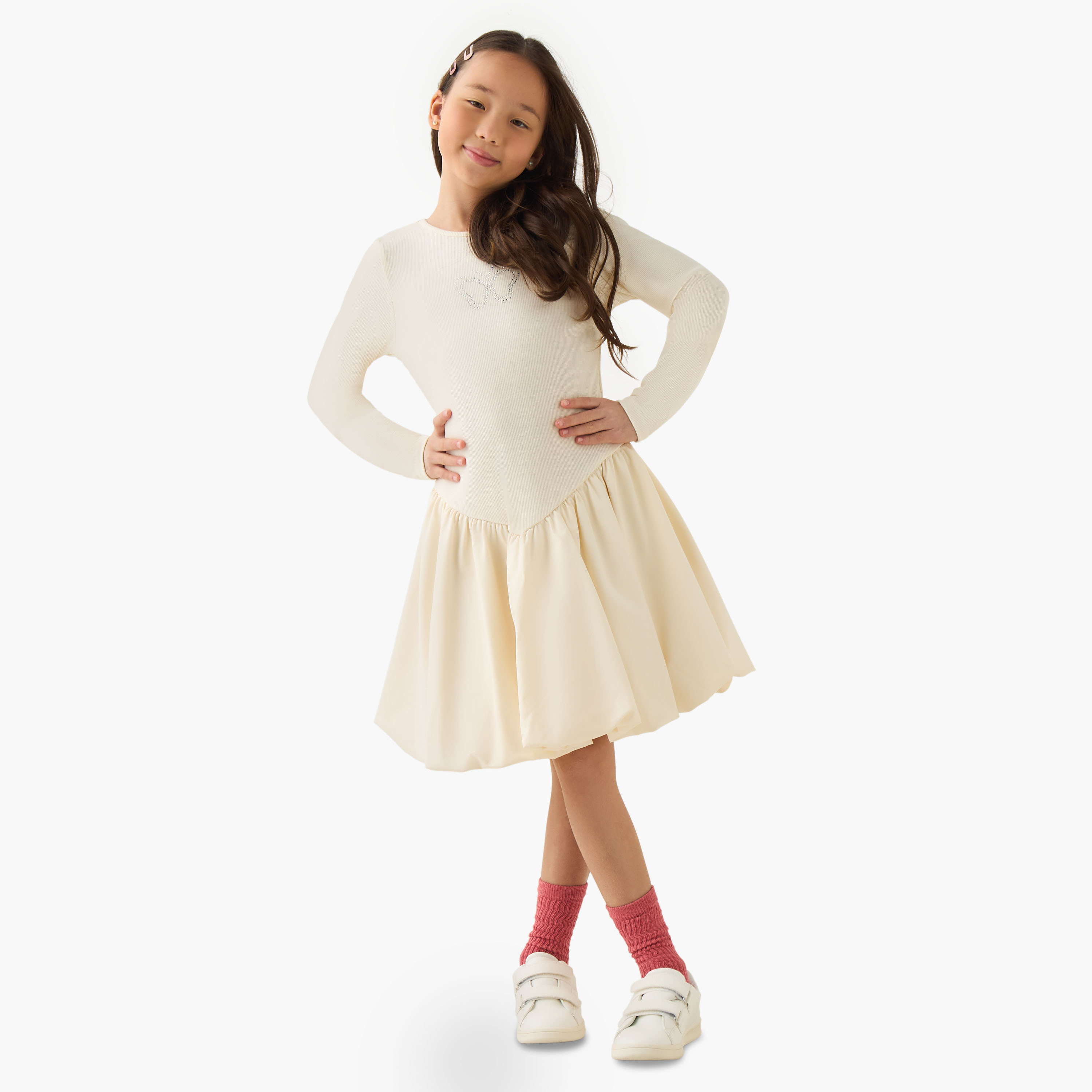 Juniors Round Neck Long Sleeves Knee Length Dress with Embellishments-girls-clothing-dressesandjumpsuits-image-1
