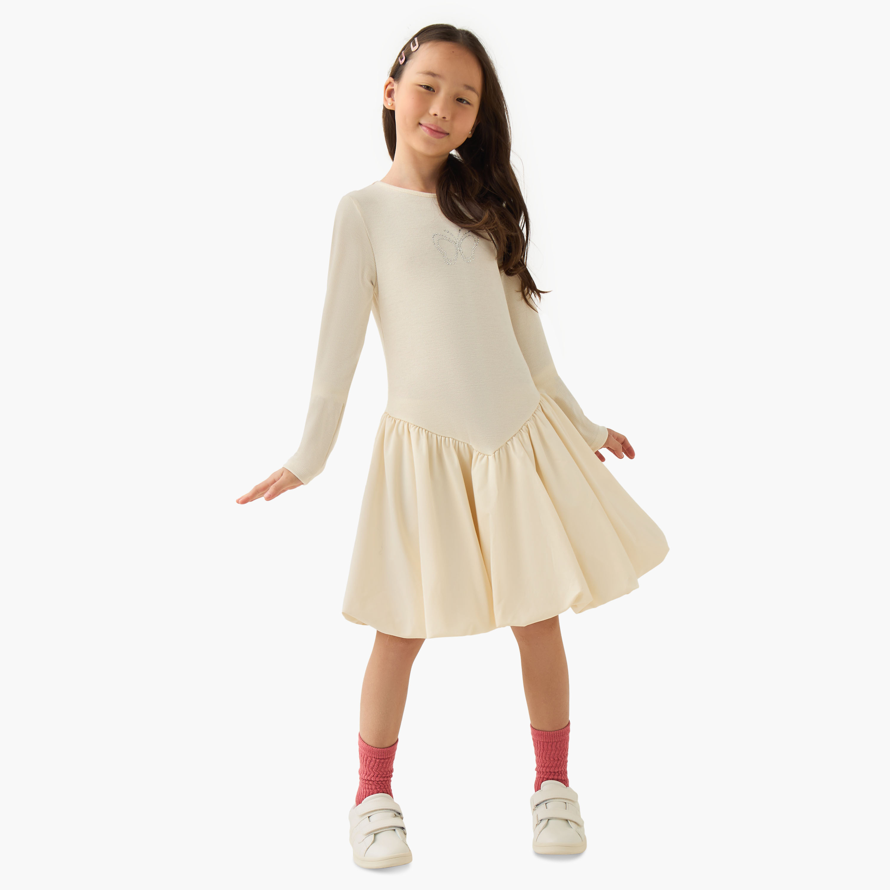 Juniors Round Neck Long Sleeves Knee Length Dress with Embellishments-girls-clothing-dressesandjumpsuits-image-3