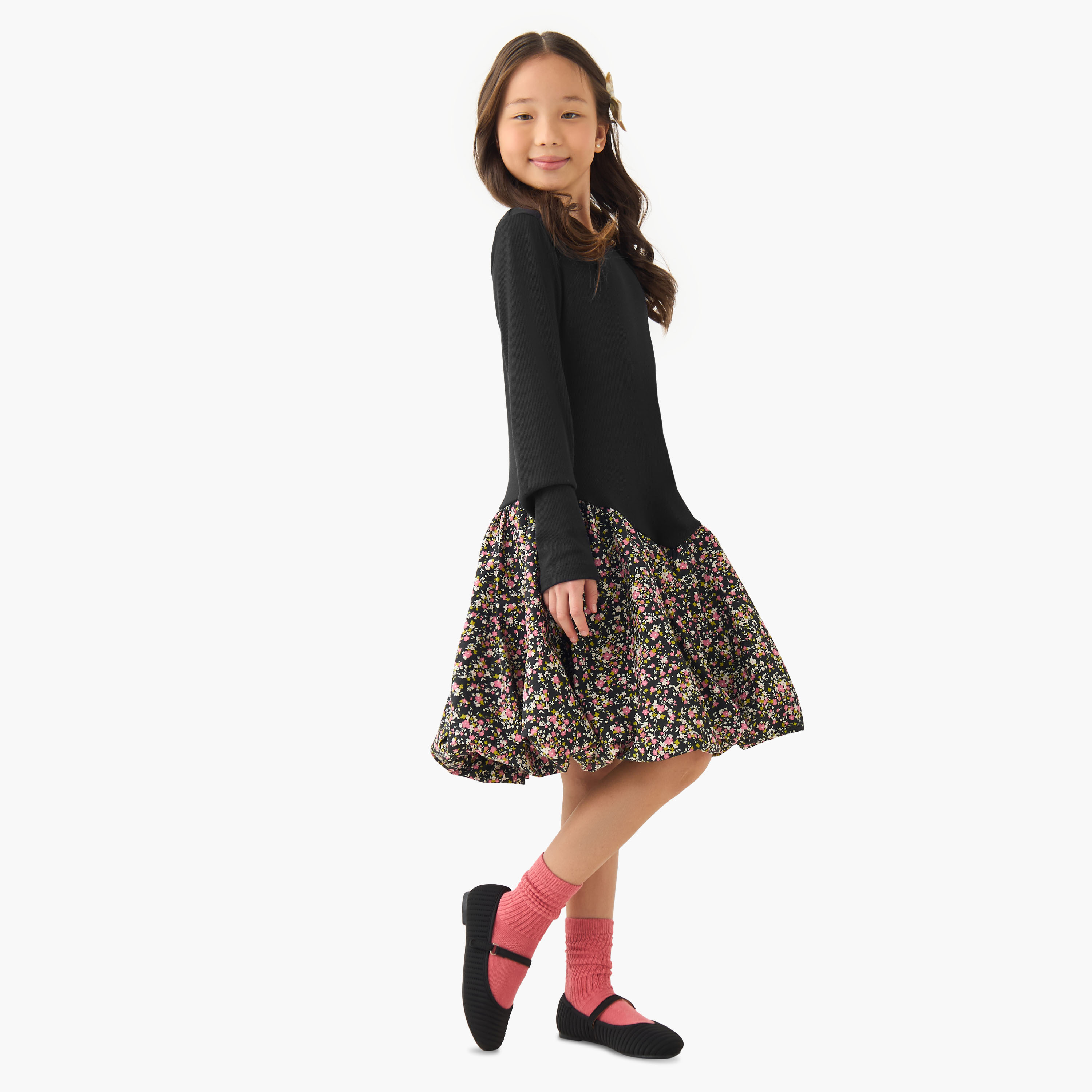 Juniors Round Neck Long Sleeves Knee Length Dress with Embellishments-girls-clothing-dressesandjumpsuits-image-1