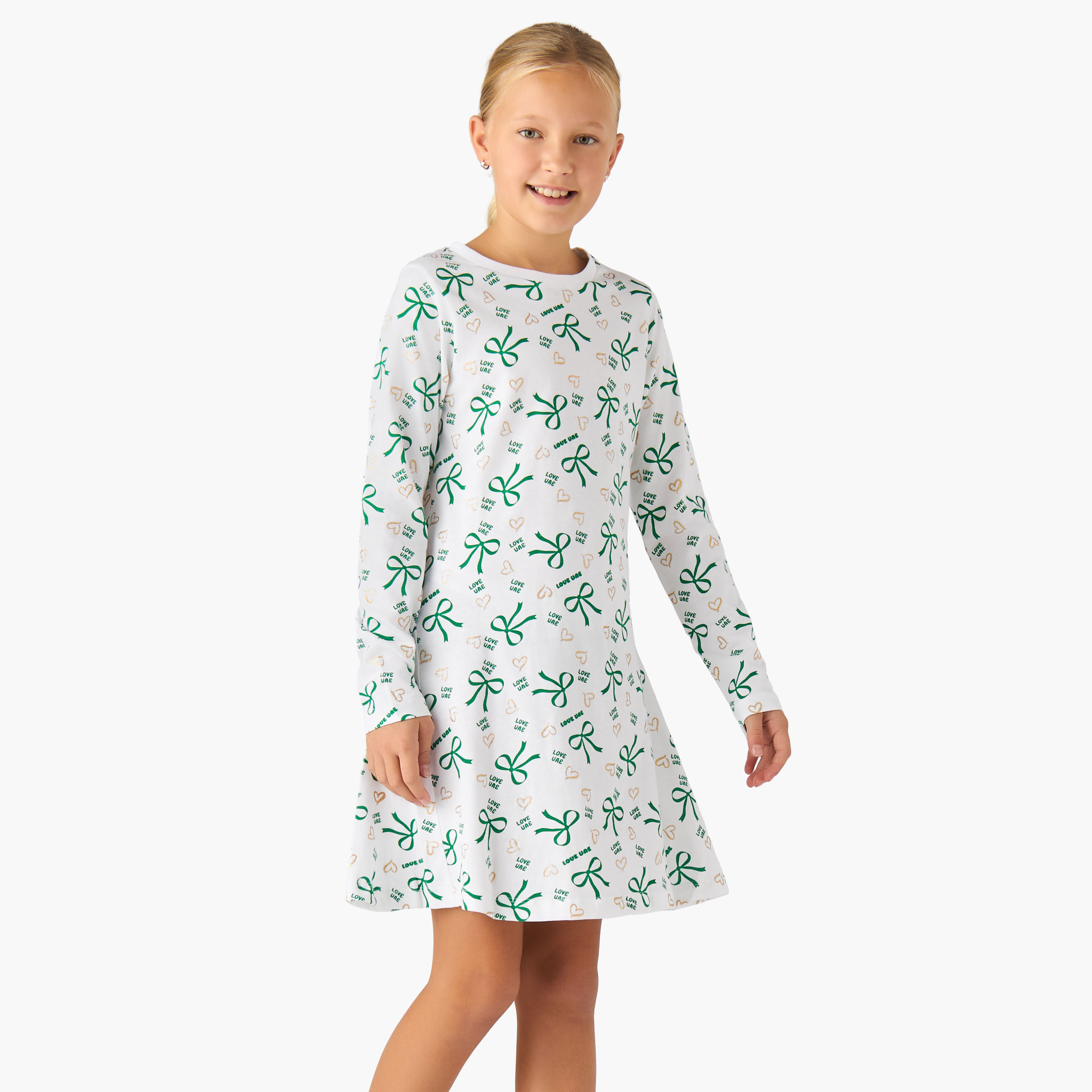 Juniors Round Neck Long Sleeves Knee Length Dress with UAE National Day Print-girls-clothing-dressesandjumpsuits-image-1