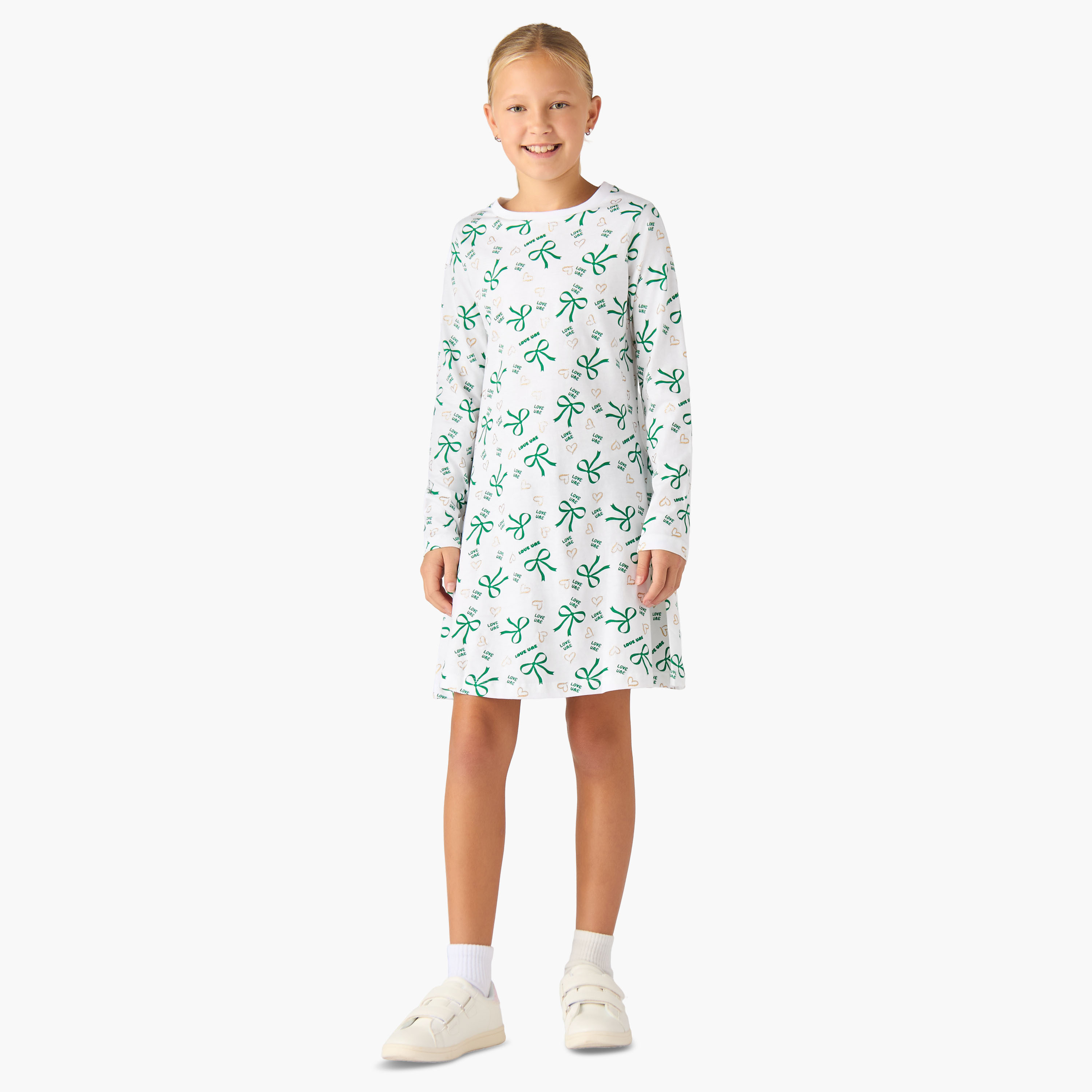 Juniors Round Neck Long Sleeves Knee Length Dress with UAE National Day Print-girls-clothing-dressesandjumpsuits-image-2