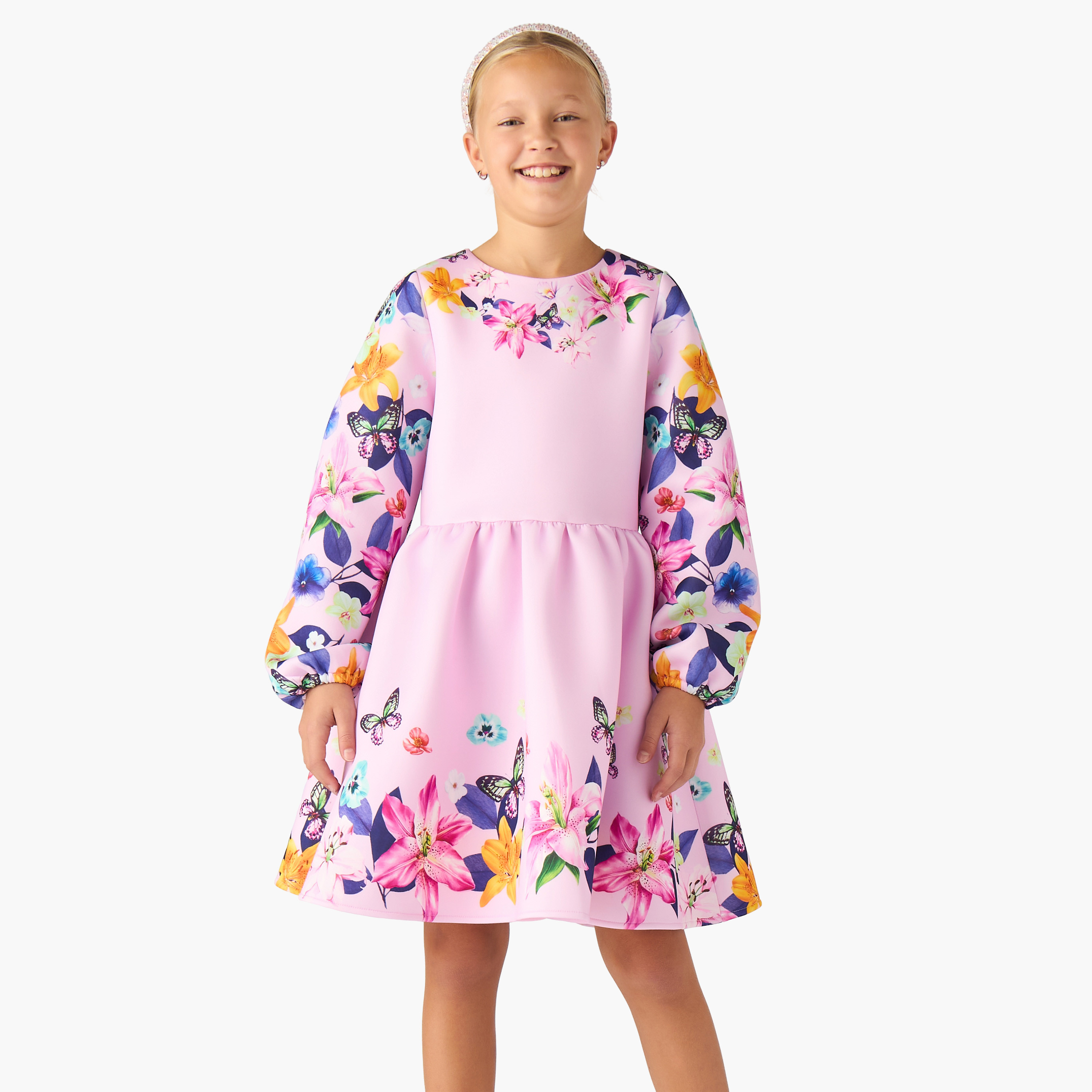 Juniors Round Neck Long Sleeves Knee Length Dress with Floral Print-girls-clothing-dressesandjumpsuits-image-1