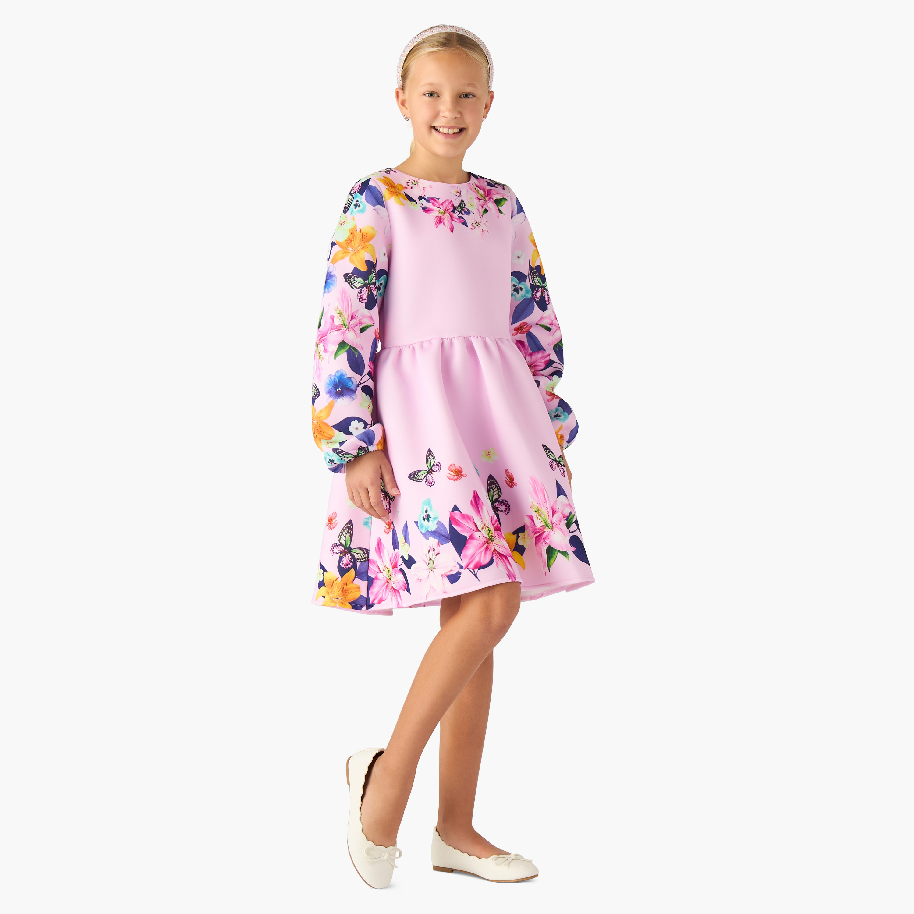 Juniors Round Neck Long Sleeves Knee Length Dress with Floral Print-girls-clothing-dressesandjumpsuits-image-2