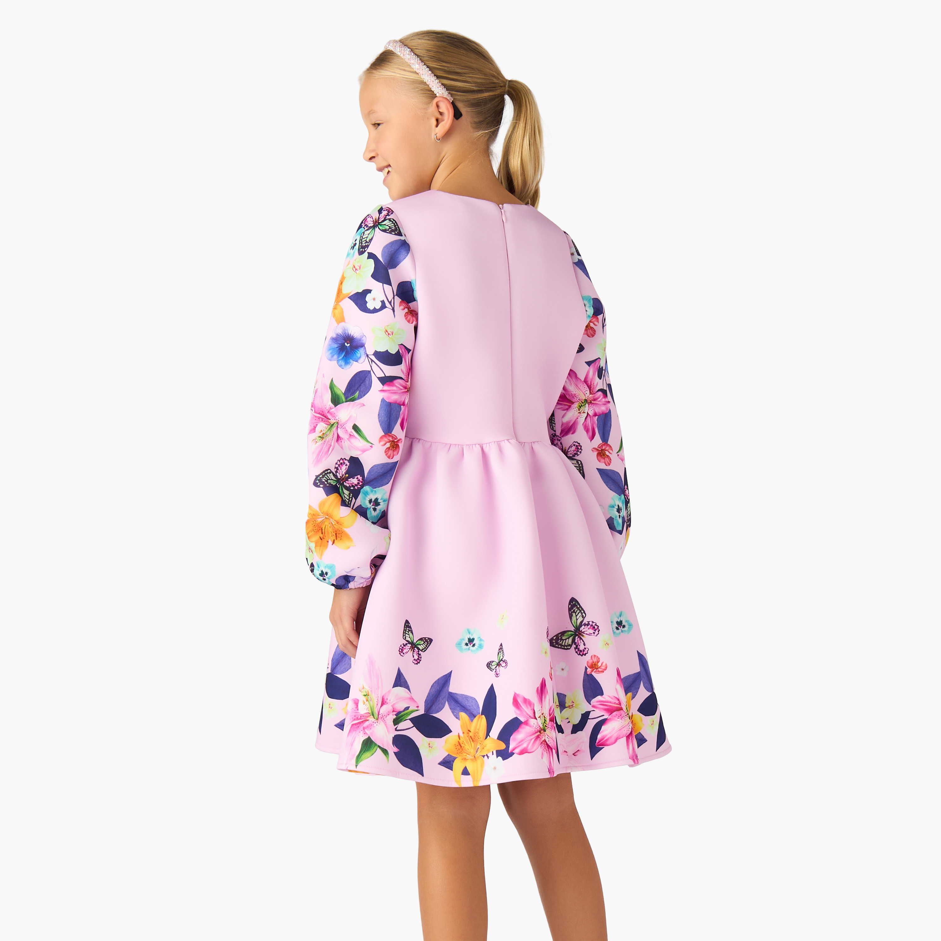 Juniors Round Neck Long Sleeves Knee Length Dress with Floral Print-girls-clothing-dressesandjumpsuits-image-3