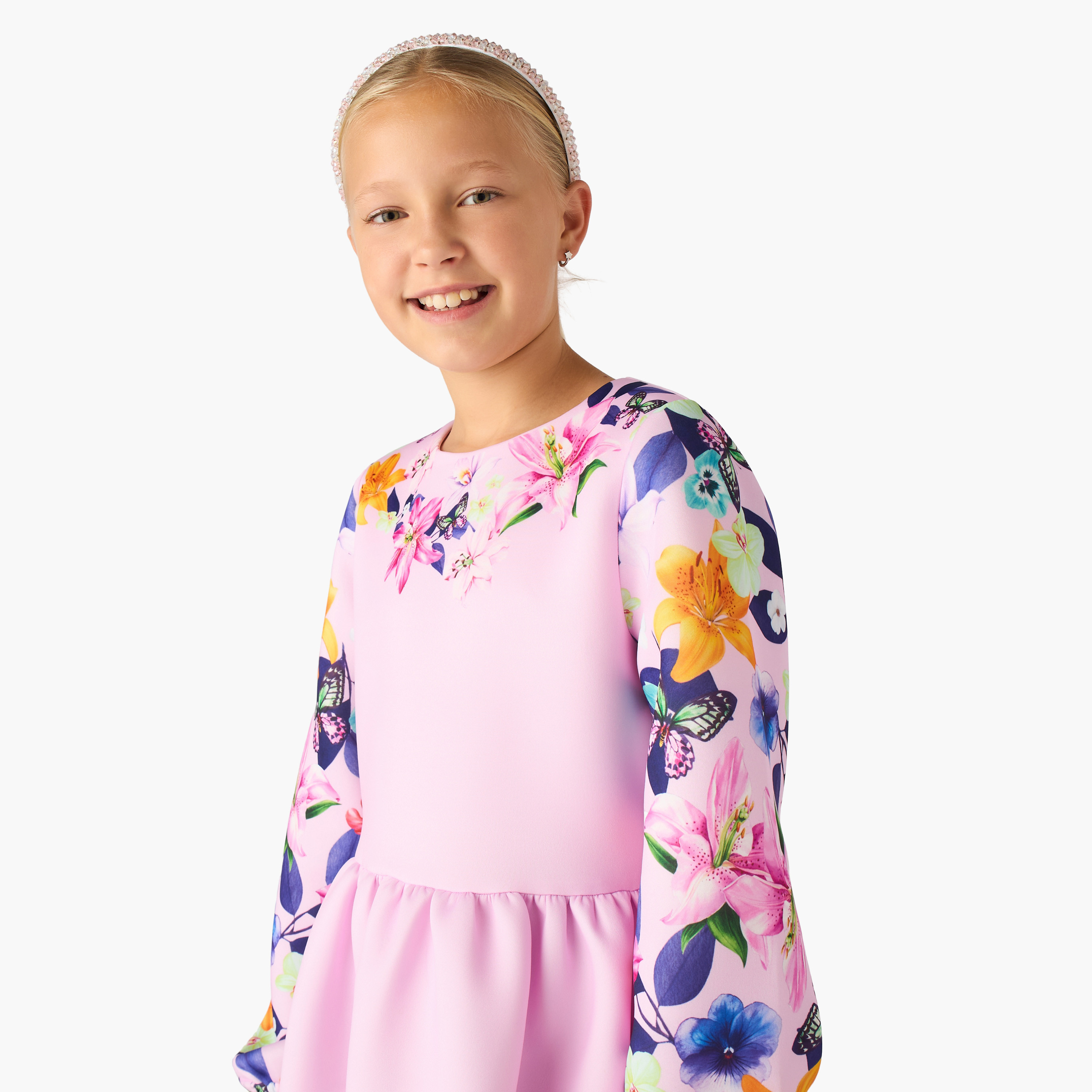 Juniors Round Neck Long Sleeves Knee Length Dress with Floral Print-girls-clothing-dressesandjumpsuits-image-4