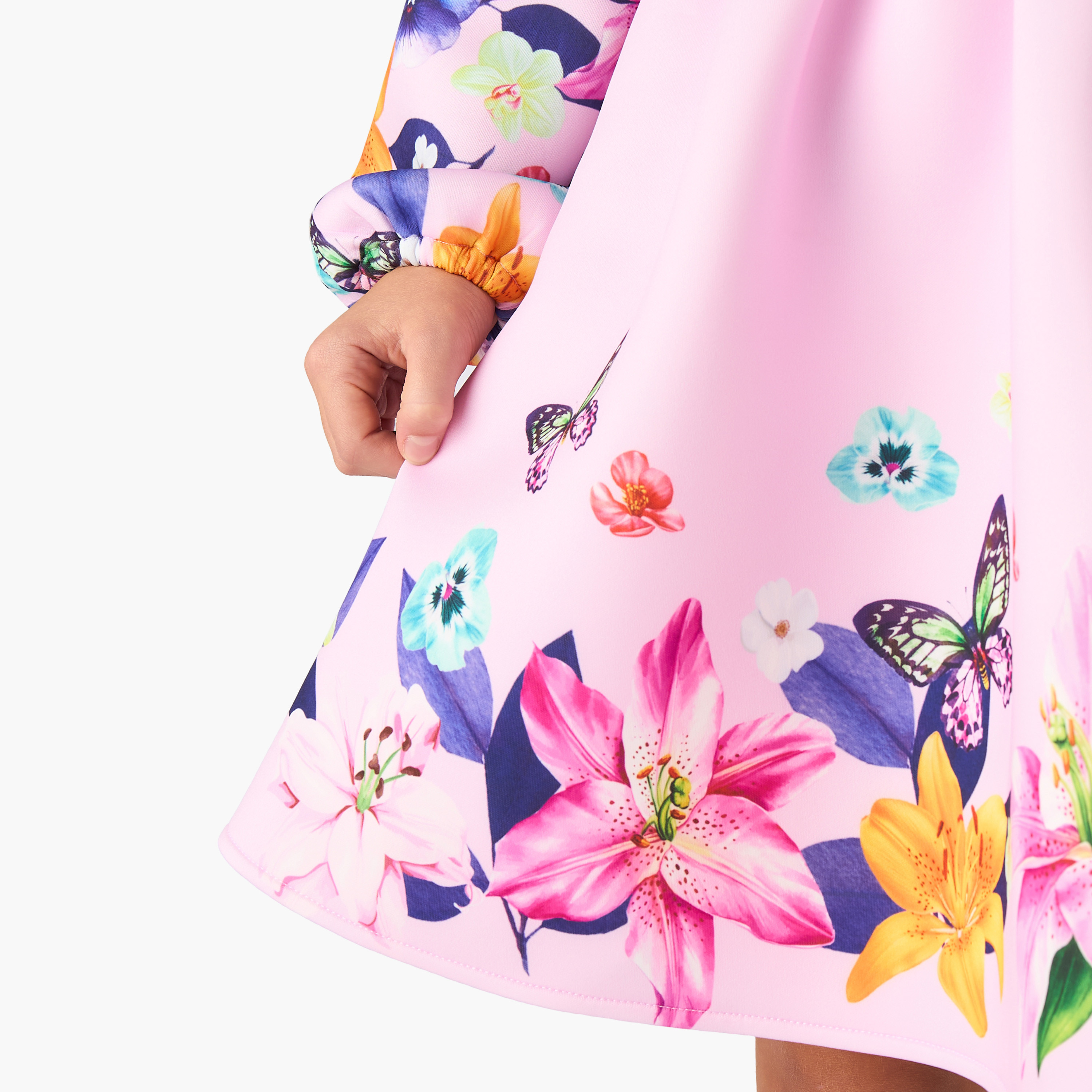Juniors Round Neck Long Sleeves Knee Length Dress with Floral Print-girls-clothing-dressesandjumpsuits-image-5