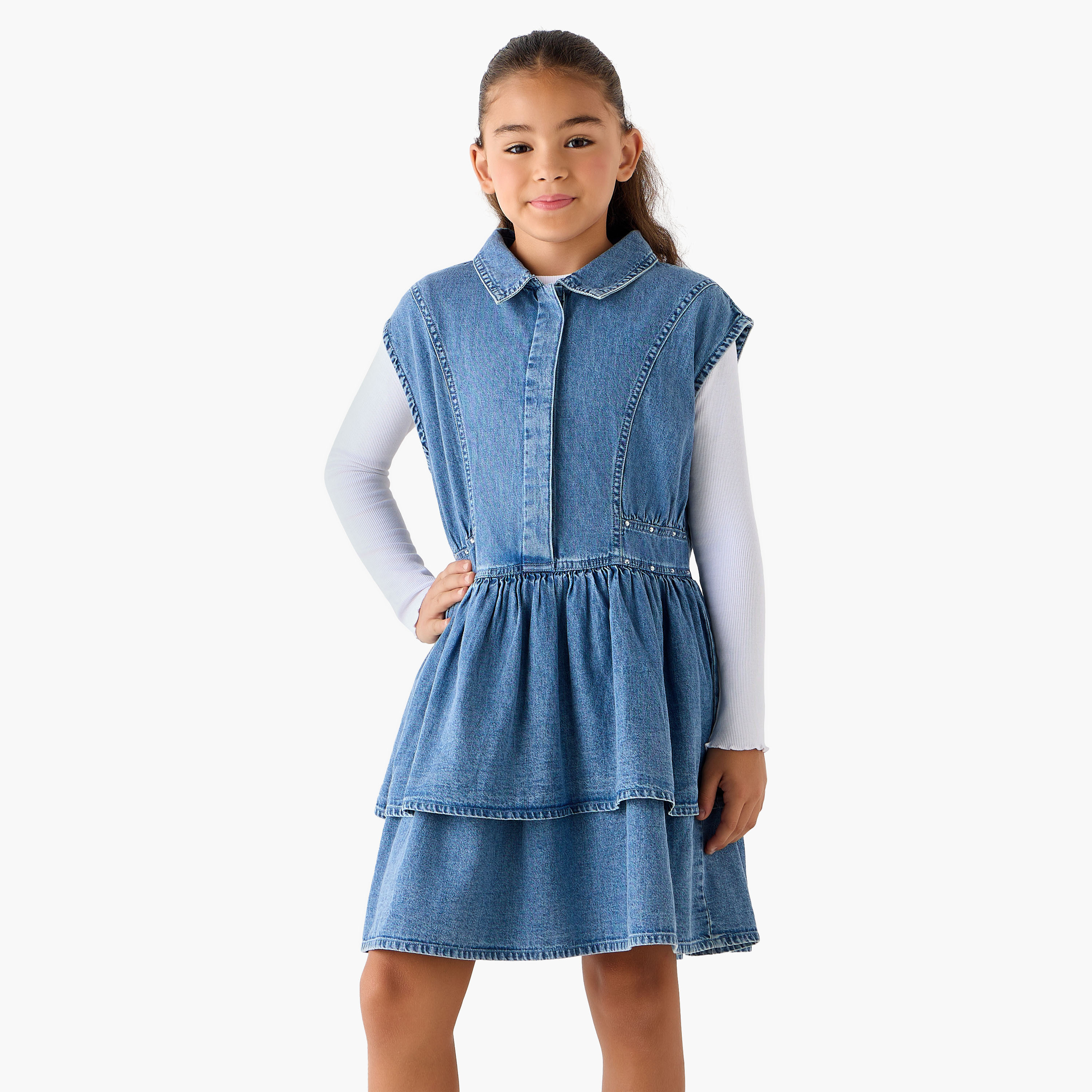 Juniors Collared Sleeveless Dress and Ribbed Top with Tiered Design-girls-clothing-dressesandjumpsuits-image-1