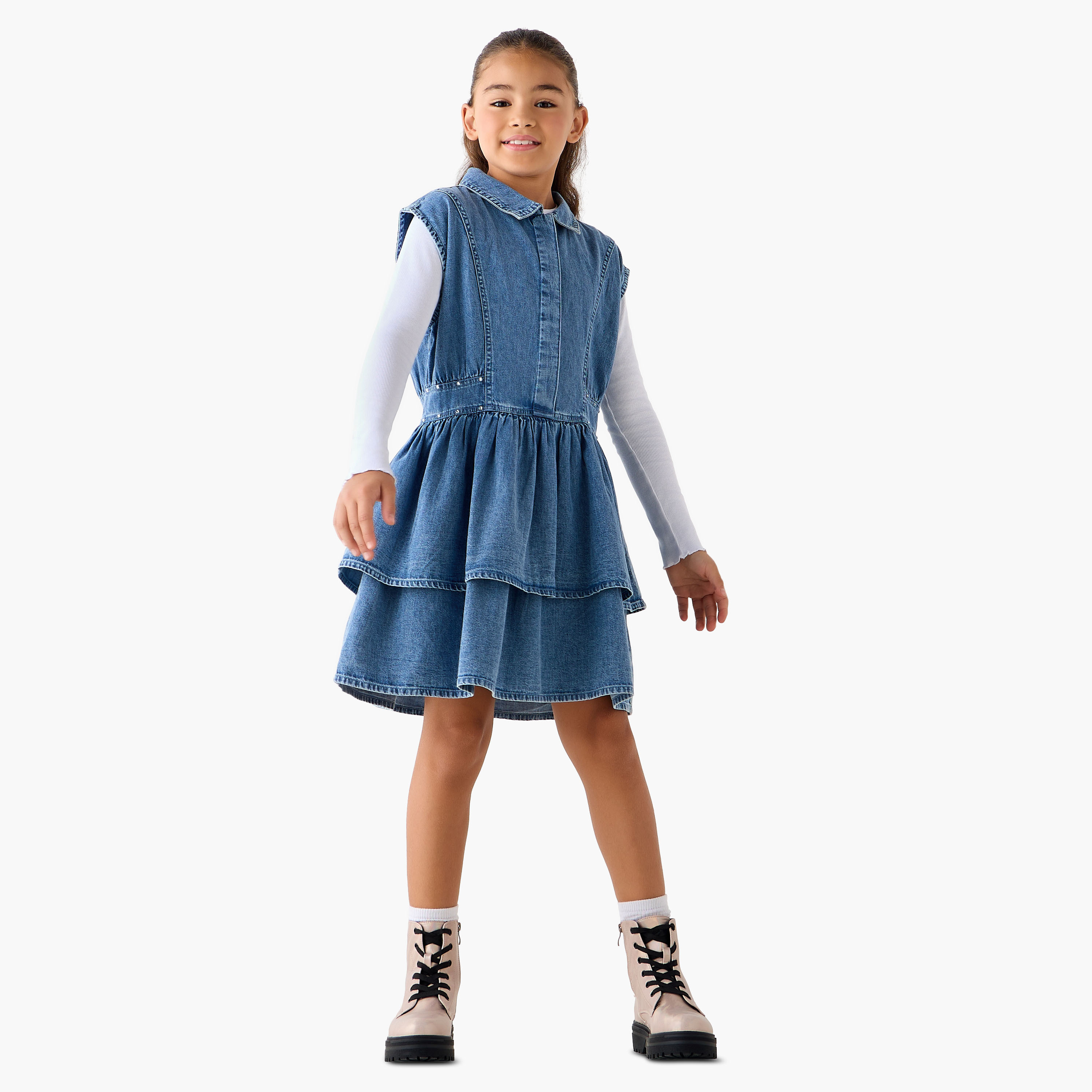 Juniors Collared Sleeveless Dress and Ribbed Top with Tiered Design-girls-clothing-dressesandjumpsuits-image-2