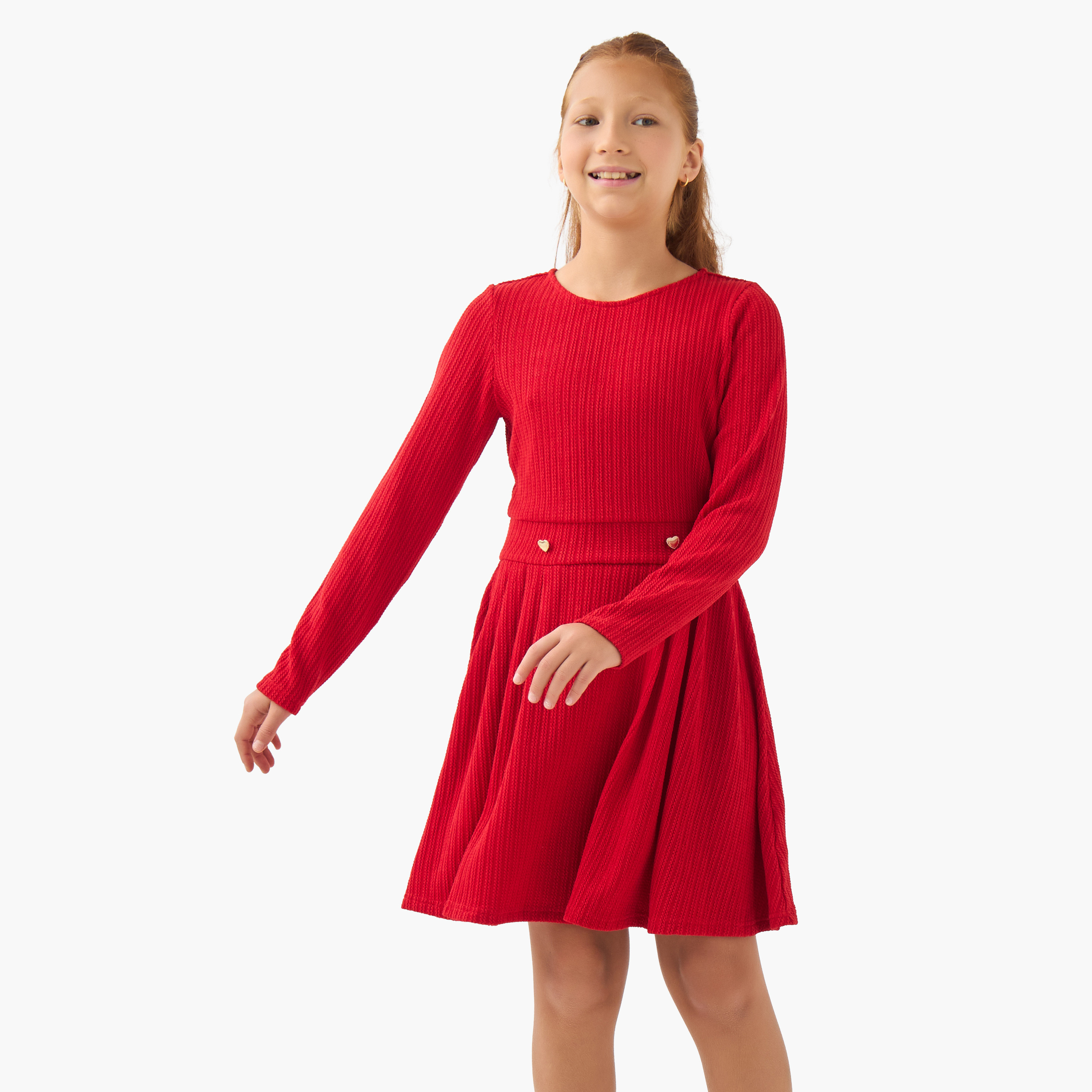 فستان مضلّع بياقة مستديرة وأكمام طويلة من جونيورز -girls-clothing-dressesandjumpsuits-image-1